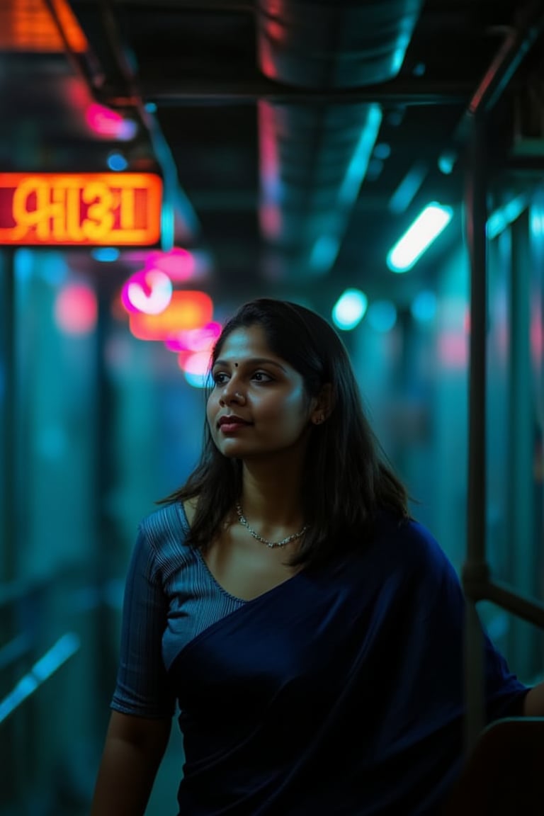 A beautiful mallu women, teal and orange colour lighting in background, futuristic subway, pipeline , wires, light indicators, intricate background, realism,realistic,raw,analog,portrait,photorealistic, taken by Canon EOS,SIGMA Art Lens 35mm F1.4,ISO 200 Shutter Speed 2000,Vivid picture,Mallu beauty, The atmosphere is fun and inviting, featuring colors like black, blue, dark blue, dark purple, gray, light green, purple, and orange. Neon lights in pink, blue, and green illuminate the space, creating a bokeh and Depth of Fieldeffect. The focus is on the girl from the torso to the head, captured in a cinematic style with a Sony A7R IV full-frame camera,Mallu beauty,futuristicportrait,Mallu beauty 