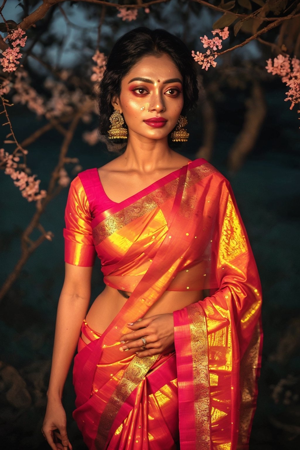 Portrait of a mystical fantasy bioluminescent neon woman. Glamorous fashionable lady in saree. Traditional saree Glowing neon, Glowing color,Glowing dots and line on body and skin, white_body,  Parle, high resolution 8k image quality,photorealistic,Saree ,NeonST2,Blossom, saree, ,Glowing dots on body