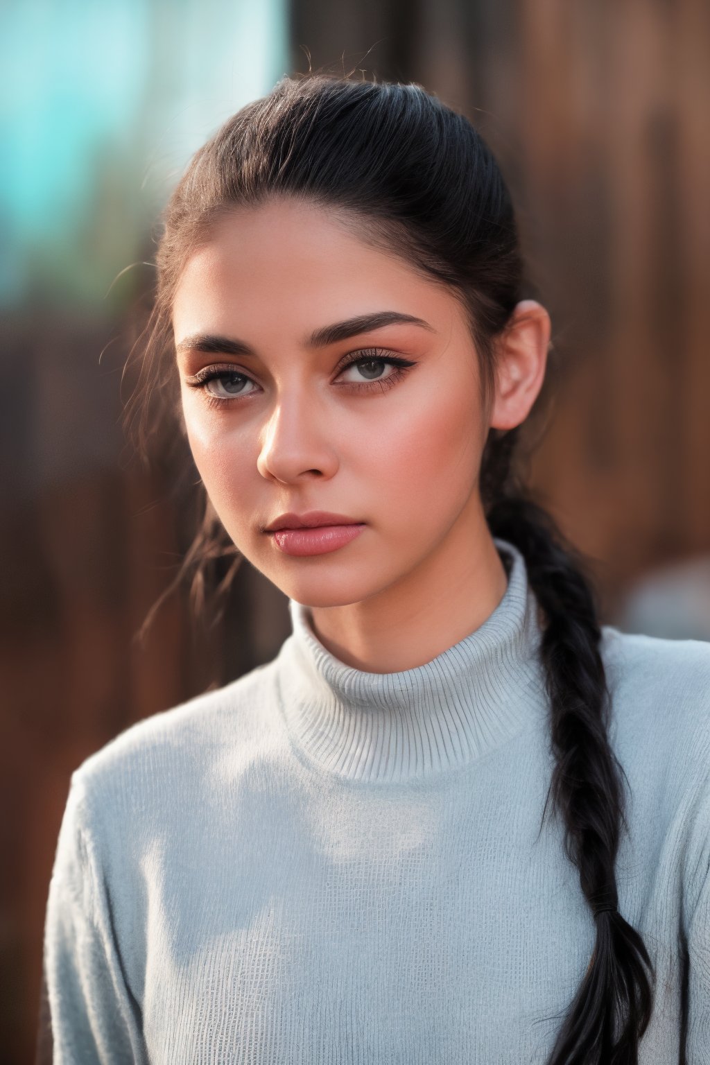 1girl, solo, long hair, black hair, braid, black eyes, twin braids, sweater, lips, realistic