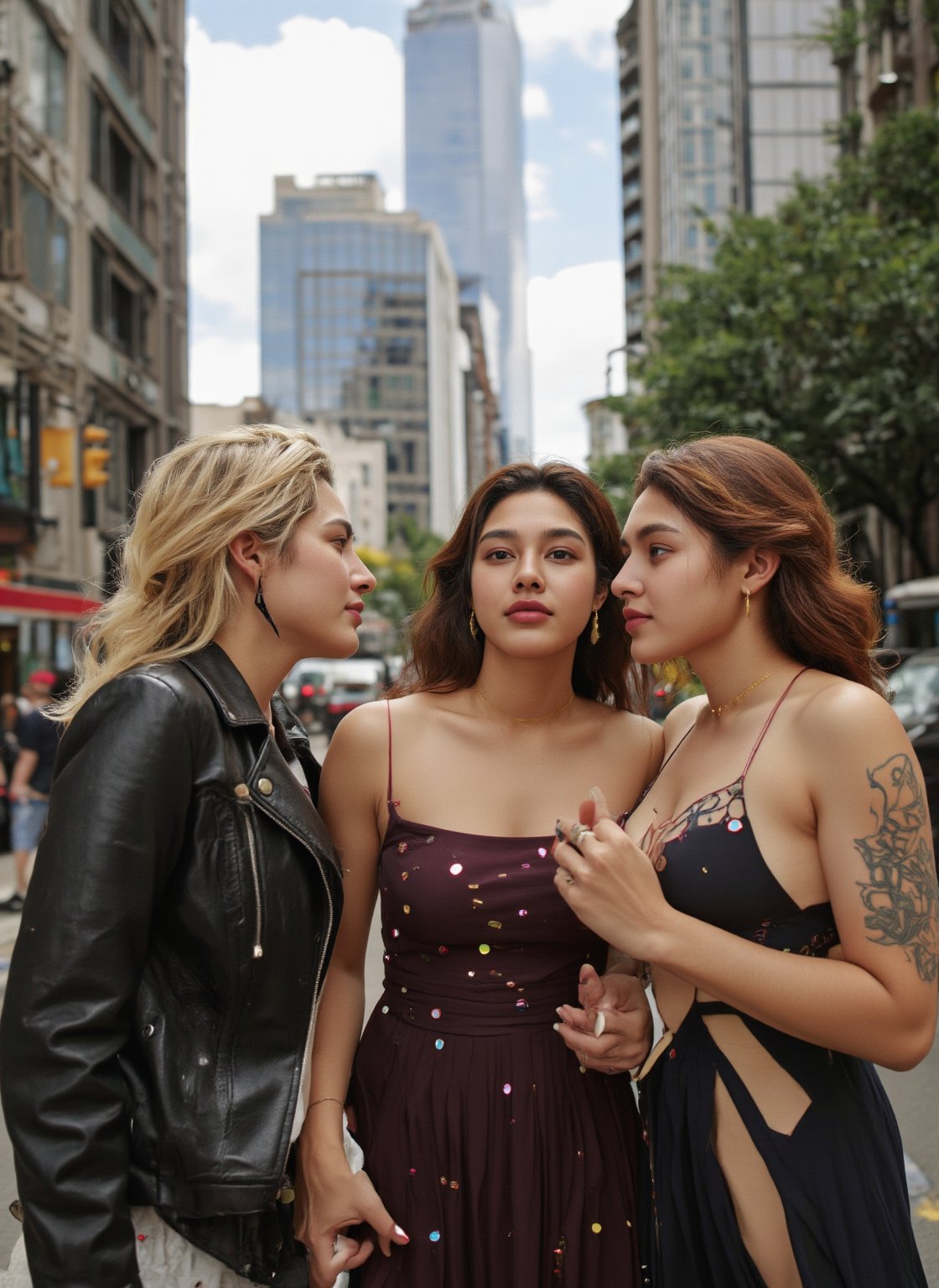 Three realistic women standing together in a modern city street. Each has distinct features: one with short blonde hair wearing a leather jacket, another with long brunette hair in a flowy dress, and the third with shoulder-length red hair, dressed in business attire. They are casually interacting, with skyscrapers and busy traffic in the background. The city is bustling with life, people walking by, and the sky is partly cloudy with a warm, natural glow illuminating the scene.


Create a highly detailed image of a fantasy girl blending elements of cinematic art and modern digital design. Navel exposed, midriff exposed, Her pale skin glows with a soft, ethereal light, intricately adorned with golden, cracked patterns that evoke the delicate art of kintsugi, tracing along her features with a mystical glow. These patterns intertwine with neon tattoos, forming geometric shapes that pulse with a magical energy. Her large, mesmerizing eyes shift between shades of deep teal and oceanic blue, as if holding the mysteries of the sea within them, drawing the viewer into her intense, calm gaze.
..,(her hand crackling with huge electricity power as she gazes directly at the camera)),futurediff, cyborg, robot,noc-futuristic