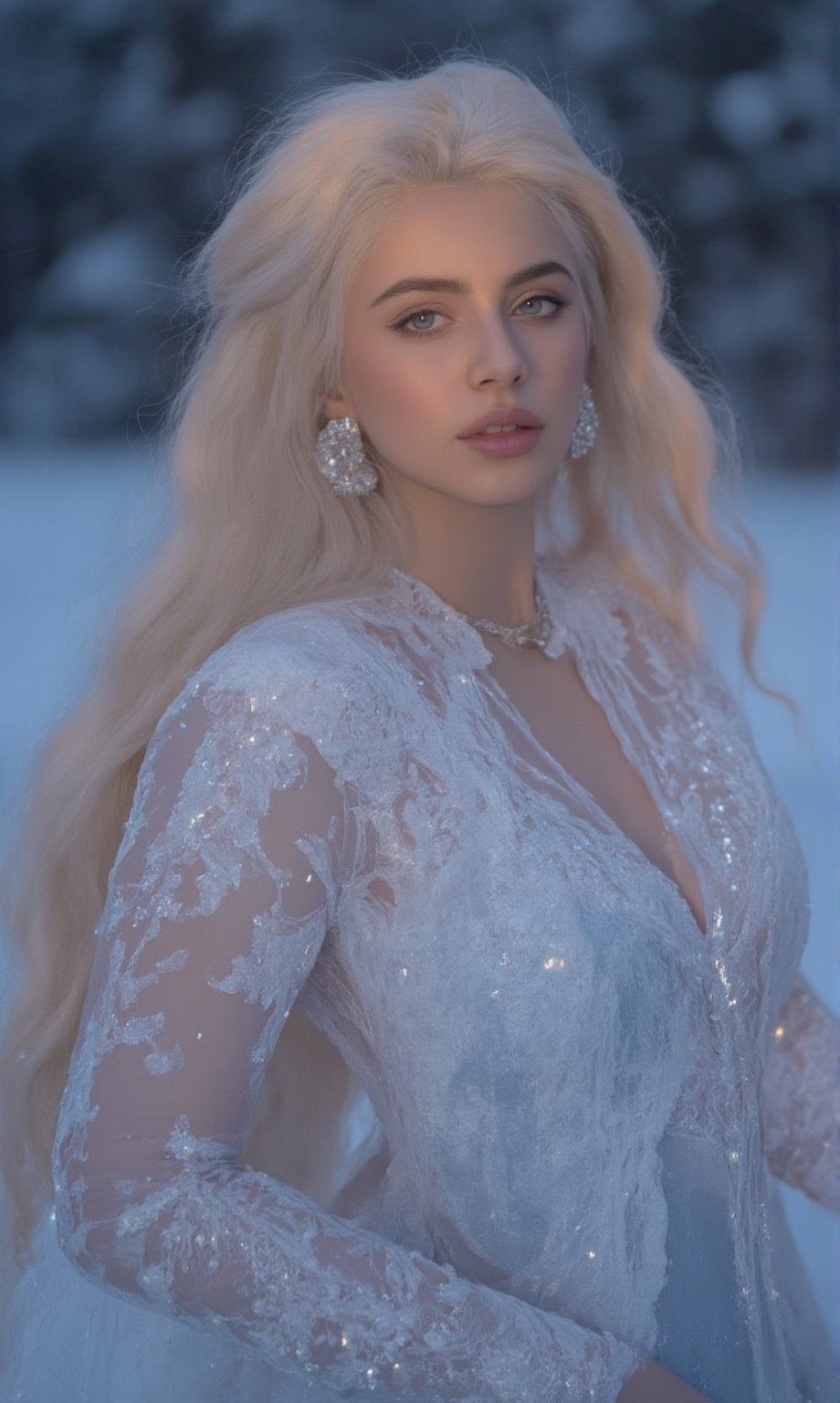 Against a snowy backdrop, princes poses regally, her porcelain skin glowing with an ethereal light. Shot from directly above, the Arri Alexa captures every detail of her frozen finery - delicate lace and gemstones glisten in the soft, cinematic lighting. Enhanced for maximum realism, this image is fit for a true ice prinses 