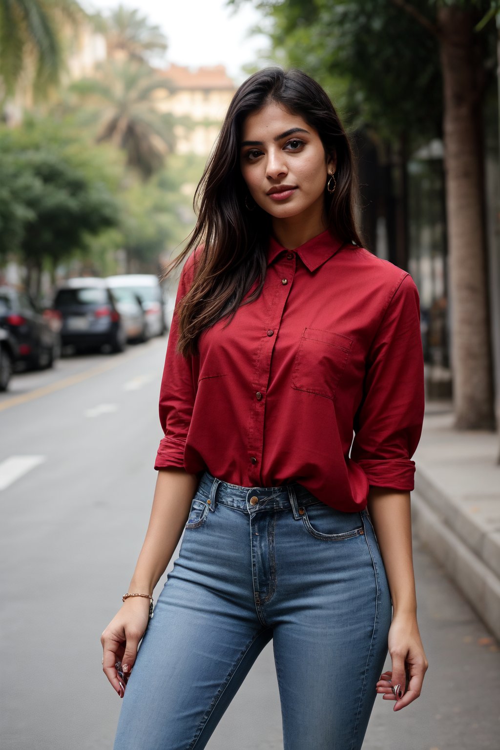 There a girl isma young hot beautiful hsdan girl Wearing red Shirt and Jeans, hot looks face features like Kama Kaif, summer look Standing locking into the camera, portrait causal phets ResPurtrat