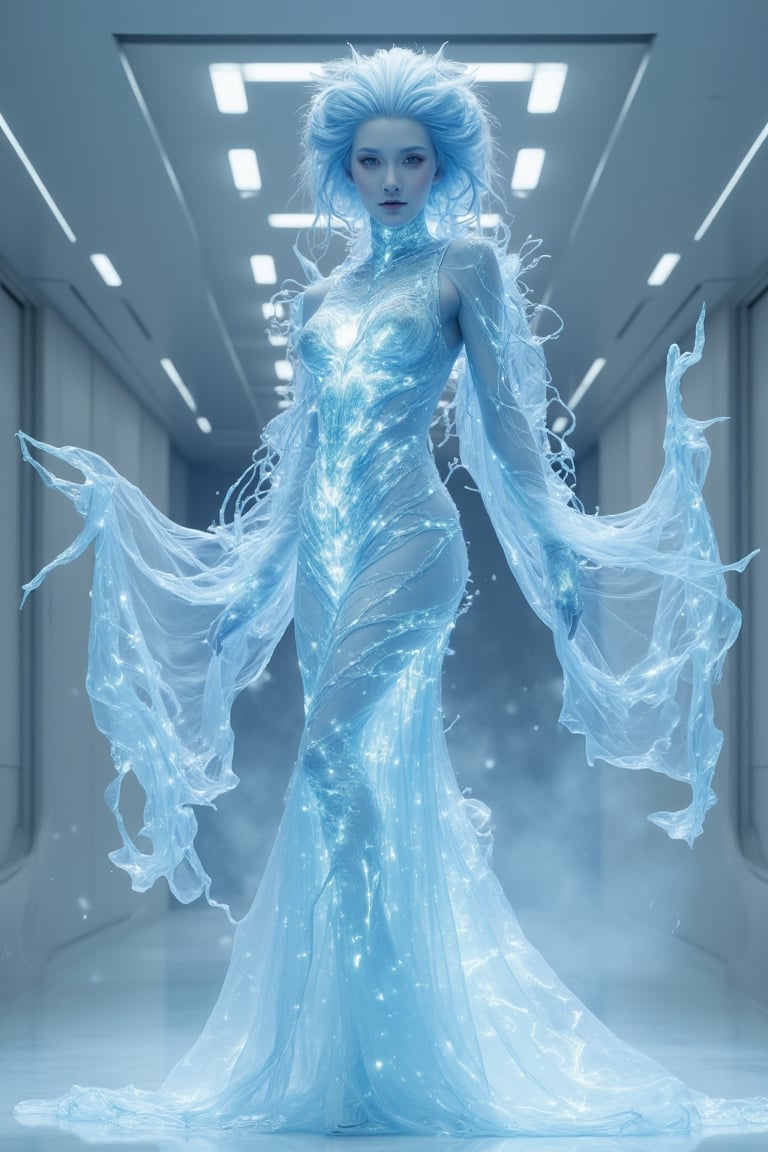 an ice-inspired humanoid with skin that glimmers like frost, stands in an all-white environment, in a whitealien ship. Her skin is pale blue with a crystal-like sheen, and her long, icy hair flows in frozen tendrils down her back. She wears a sharp, structured gown made of translucent materials resembling frozen water with lightning from inside, with edges that mimic the fractals of snowflakes. 