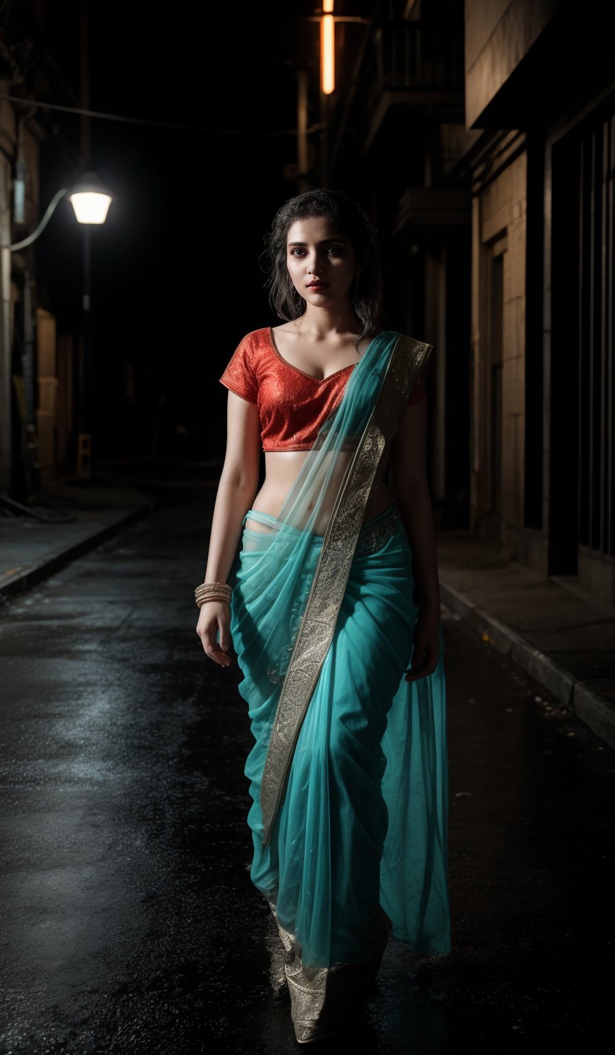 In a dark alleyway, neon tubes casting a futuristic glow on wet pavement, a stunning 28-year-old woman stands confidently, half of her body clad in a head-to-hip transparent saree that glistens under Tron-like lights. Electric blue and fiery orange hues dance across her features as she poses, the saree's intricate patterns reflecting off her toned skin like a digital canvas.