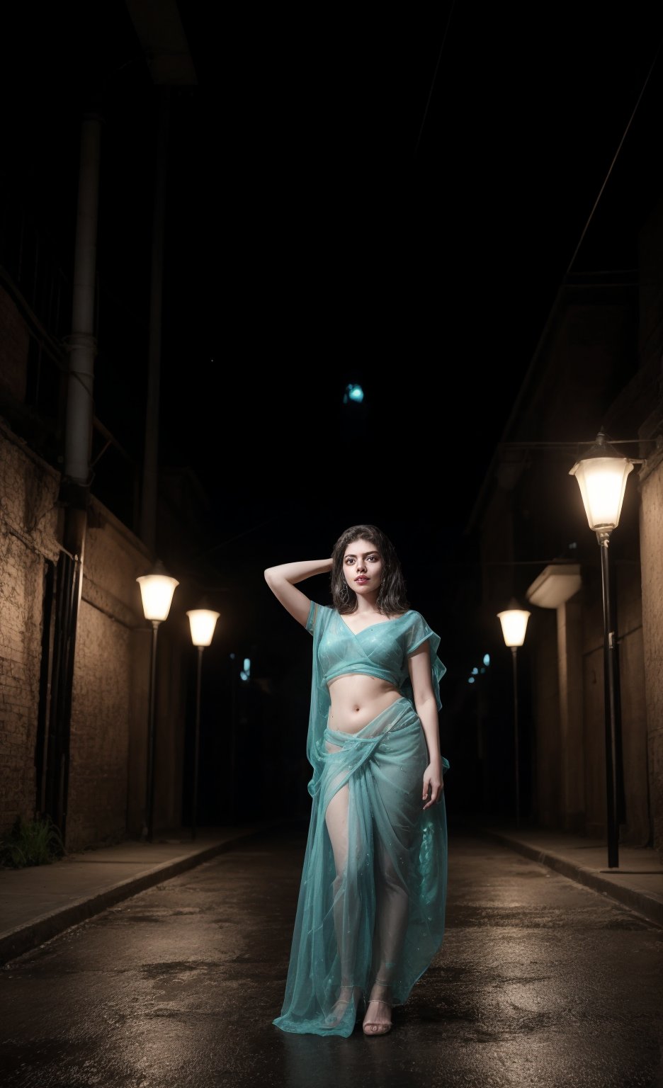 Mid shot, In a dark alleyway, neon tubes casting a futuristic glow on wet pavement, a stunning 28-year-old woman stands confidently, half of her body clad in a head-to-hip transparent saree that glistens under Tron-like lights. Electric blue and fiery orange hues dance across her features as she poses, the saree's intricate patterns reflecting off her toned skin like a digital canvas.