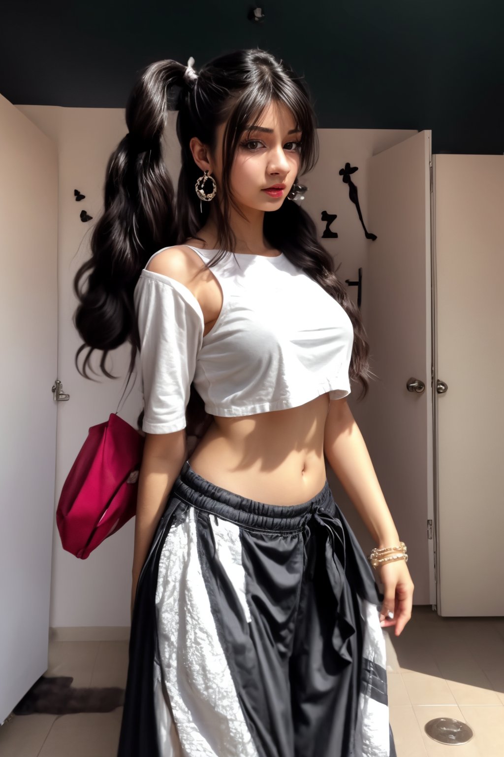 1girl, solo, long hair, black hair, twintails, jewelry, big round earrings, lips, realistic, beautiful mallu girl, outside, beautiful girl walking on the street , twintail hairstyle,18 years old long hair girl, front view, navel,