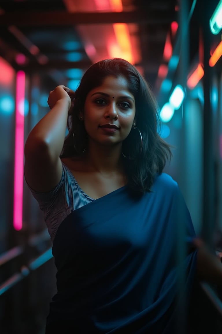 A beautiful mallu women, teal and orange colour lighting in background, futuristic subway, pipeline , wires, light indicators, intricate background, realism,realistic,raw,analog,portrait,photorealistic, taken by Canon EOS,SIGMA Art Lens 35mm F1.4,ISO 200 Shutter Speed 2000,Vivid picture,Mallu beauty, The atmosphere is fun and inviting, featuring colors like black, blue, dark blue, dark purple, gray, light green, purple, and orange. Neon lights in pink, blue, and green illuminate the space, creating a bokeh and Depth of Fieldeffect. The focus is on the girl from the torso to the head, captured in a cinematic style with a Sony A7R IV full-frame camera,Mallu beauty,futuristicportrait,Mallu beauty 