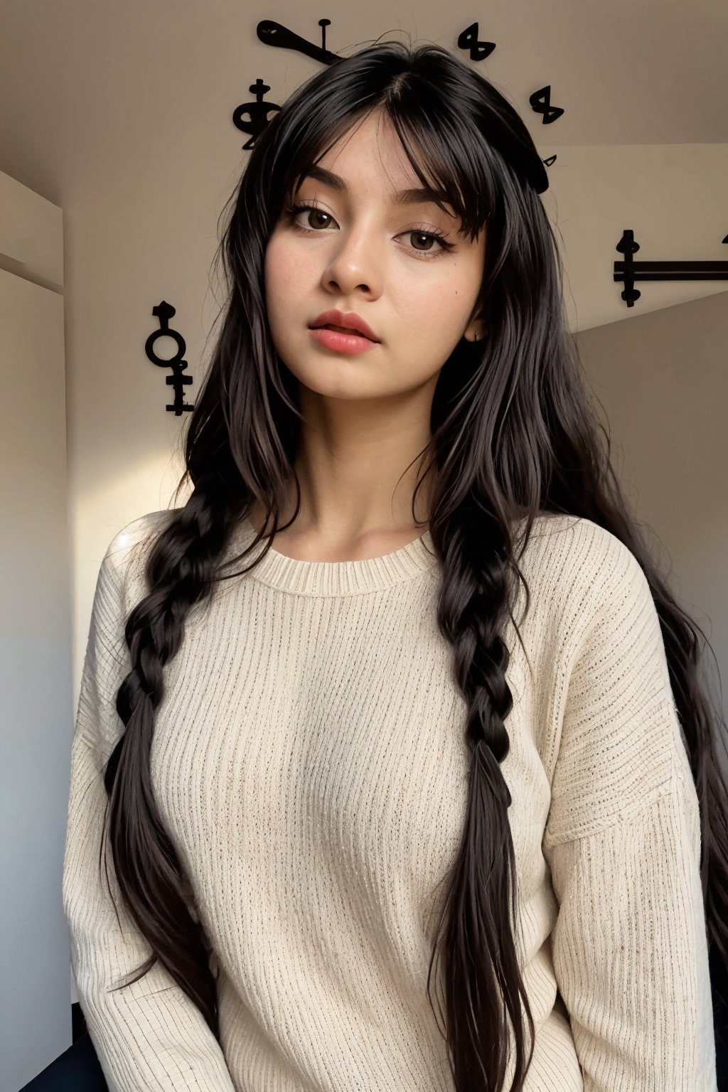 1girl, solo, long hair, hair is so long head to hip black hair, braid, black eyes, twin braids, sweater, lips, realistic , very long hair, thick twin bride hair, brown hair, 