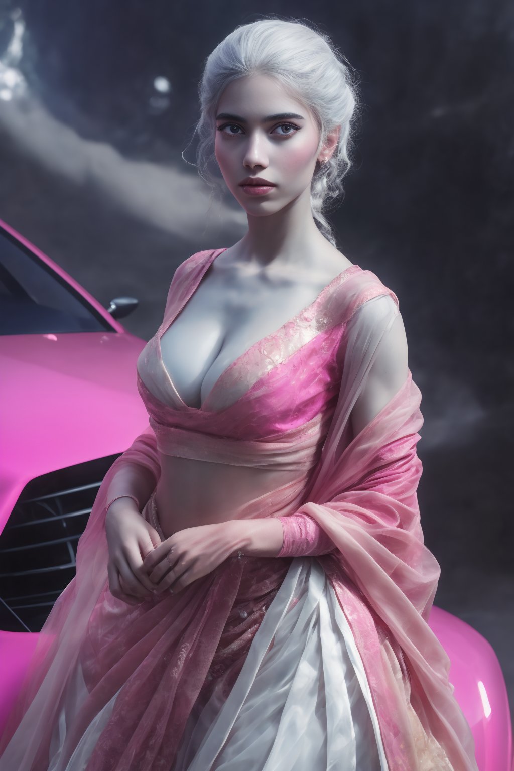 A stunningly photorealistic depiction of a hubg woman, ((exuding beauty and elegance, posed in front of a sleek, futuristic car. The vehicle's neon pink accents glow under cinematic lighting, casting an otherworldly ambiance. The subject's intricate features are rendered with raw realism, as if captured on analog film. Her gaze is fixed on the viewer, amidst a transparent, neon-lit background that simmers with cyberpunk energy.,15yo girl))

A stunning, realistic photography of a 15-year-old curvy women , white skin extreme white hair, radiating youthful beauty. She is dressed in traditional Indian attire, featuring a Kerala pattupavada—a beautiful, flowing Kerala gown—and a matching blouse. A delicately draped shawl (sholl) adds an elegant touch to her outfit, highlighting her cultural heritage.