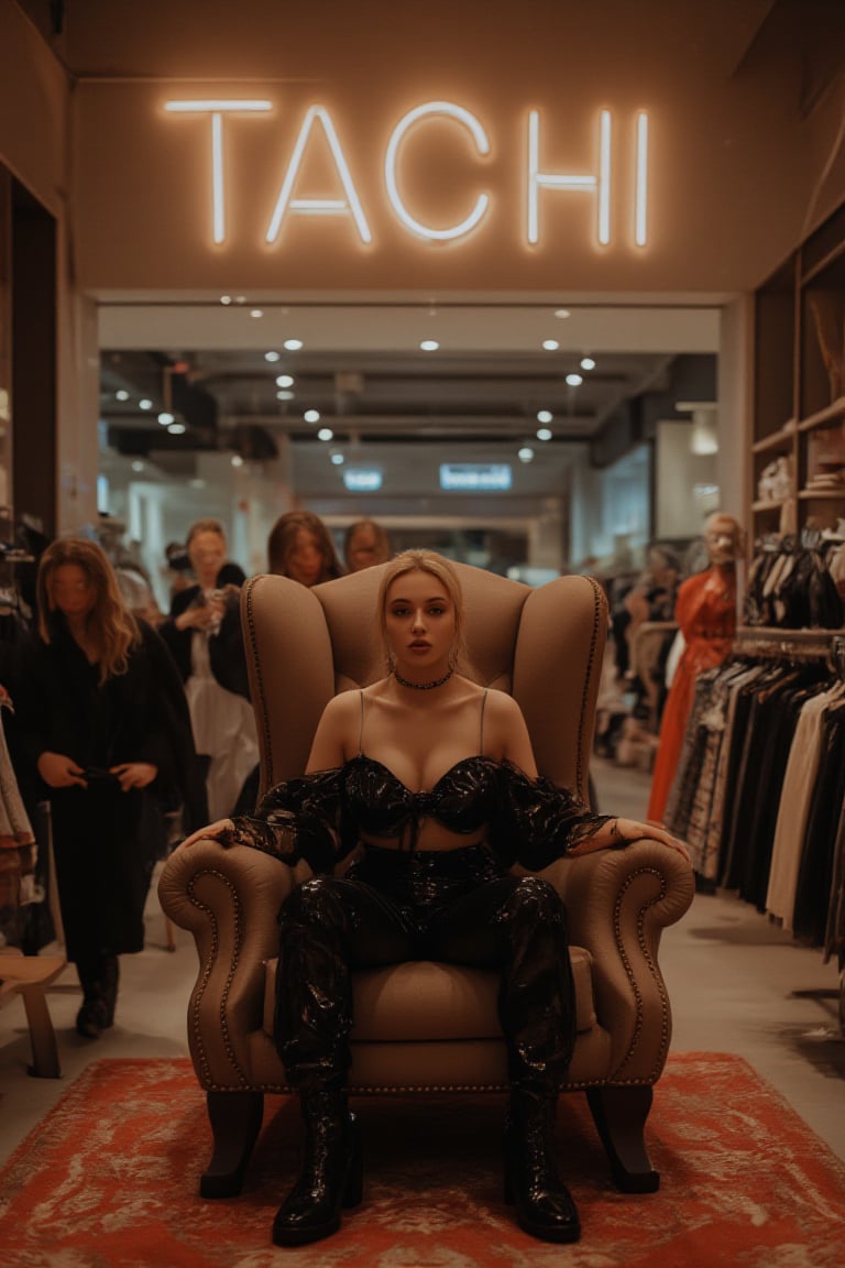 create me something beautiful, sexy, A beautiful woman, dressed in high fashion, sits on a throne in a luxurious boutique shop, surrounded by perfect cinematic lighting. Behind her, the shop's name "Tachi" is displayed in oversized glowing letters, commanding attention. Girls in the background casually explore the dresses on display. The scene highlights both the elegance of the boutique and the glowing, bold shop name.
