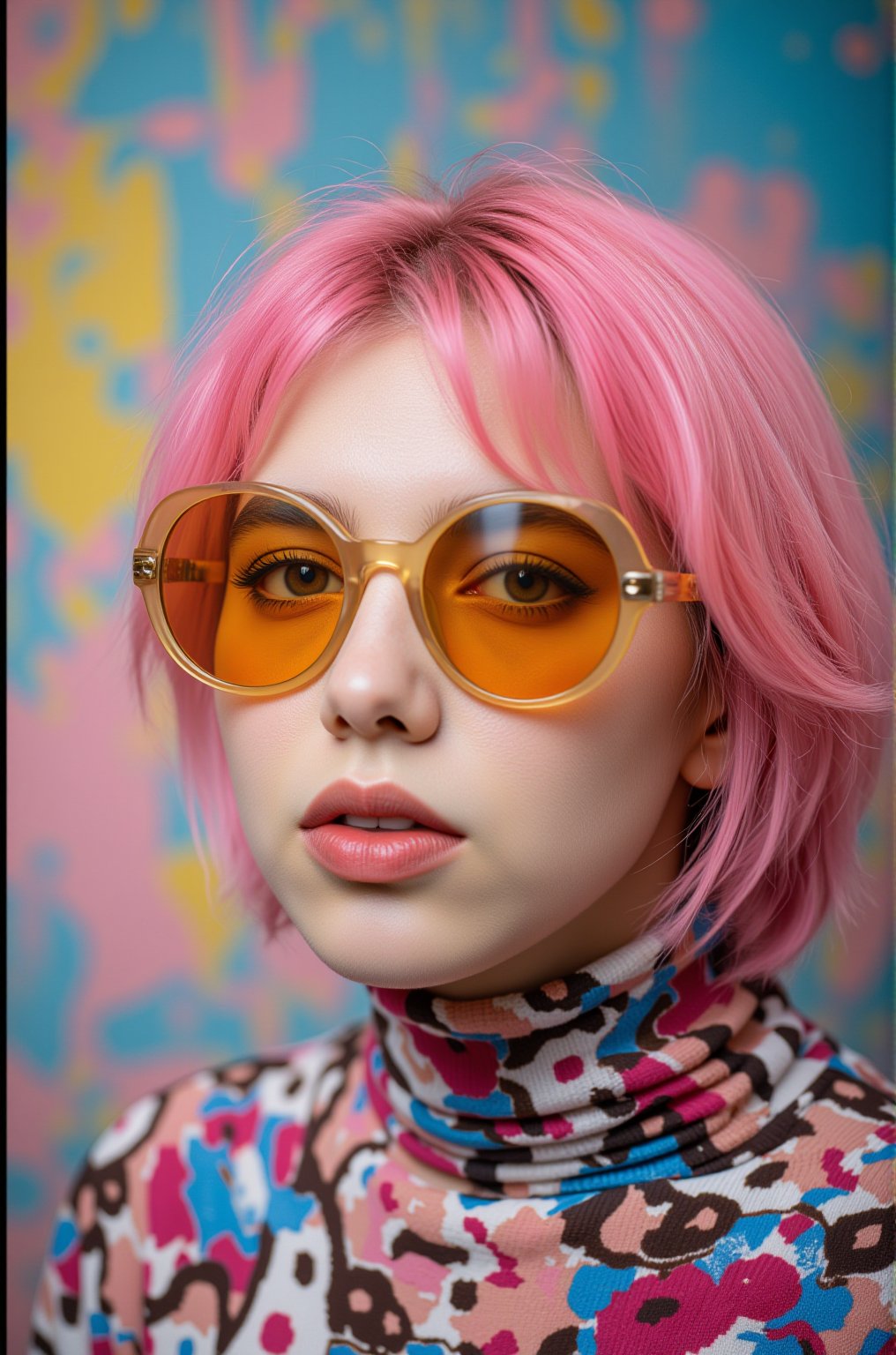 A vibrant, close-up portrait of a young woman with pink hair, wearing oversized, colorful sunglasses, and patterned turtleneck, abstract, textured background | pop art style, bold colors, detailed, highly stylized | photorealistic | studio lighting
,cinematic , film grain, Short telephoto focal length, shot on ALEXA 65