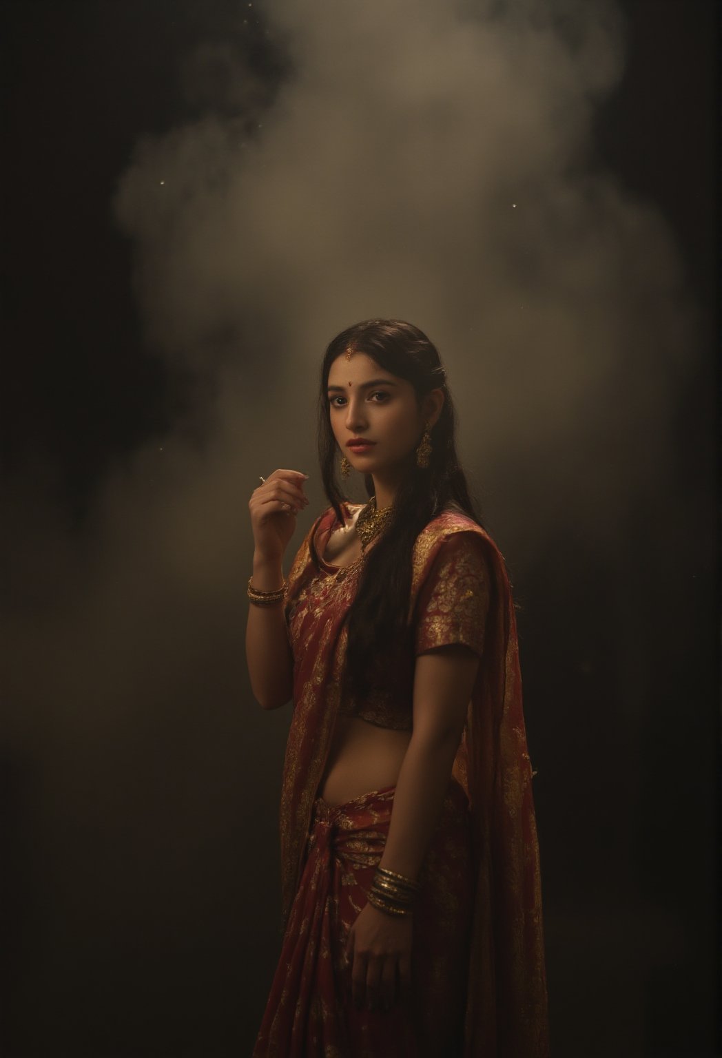 Here's a rewritten prompt that meets the requirements:

A stunning Indian girl, dressed in a traditional saree with intricate patterns and embroidery, poses elegantly against a smokey atmosphere. Softly lit by cinematic lighting, her fair skin glows under the warm glow. Her navel is tastefully visible as the saree wraps around her waist, complemented by a matching blouse with short sleeves and a deep neckline. A maang tikka, jhumka earrings, nose ring, bangles, and anklets adorn her traditional jewelry. Her long, dark hair cascades down her back like a waterfall of night, while her eyes gaze directly into the camera with perfect clarity. The saree's pallu falls softly over her shoulder, creating a sense of depth and dimensionality. Shot on ALEXA 65, this unreal engine creation is rendered in stunning HDR and UHD, with film grain adding texture to the image.