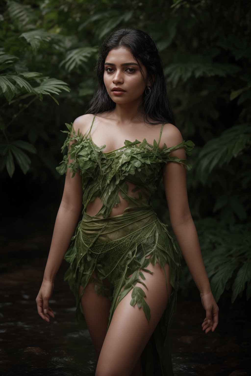 A majestic young woman emerges from the verdant foliage, adorned entirely in a stunning ensemble crafted from delicate Plantain leaves. Red yellow brown colour leafs, Her slender figure is enveloped by a flowing, ethereal gown constructed from thousands of intricately arranged leaves, their gentle curves and soft sheen creating a mesmerizing effect.

The leafy fabric drapes effortlessly around her lithe physique, the subtle rustling of each leaf underscoring the gentle movement of her body as she moves. Her private areas are discreetly concealed by a delicate leafy barrier, its edges carefully positioned to maintain modesty while still showcasing the natural beauty of the surrounding foliage.

The soft, golden light of the sun filters through the leafy canopy above, casting dappled shadows across her skin and illuminating the intricate patterns of the Plantain leaves. A sprinkling of dew-kissed droplets glistens on the leaves, imbuing the overall scene with a serene, idyllic quality.

As she stands within this natural setting, the young woman's presence seems almost an extension of the surrounding vegetation, as if she has been organically grown from the very earth itself. The Plantain leaf costume appears not only beautiful but also eerily lifelike, blurring the lines between her and the natural world around her.