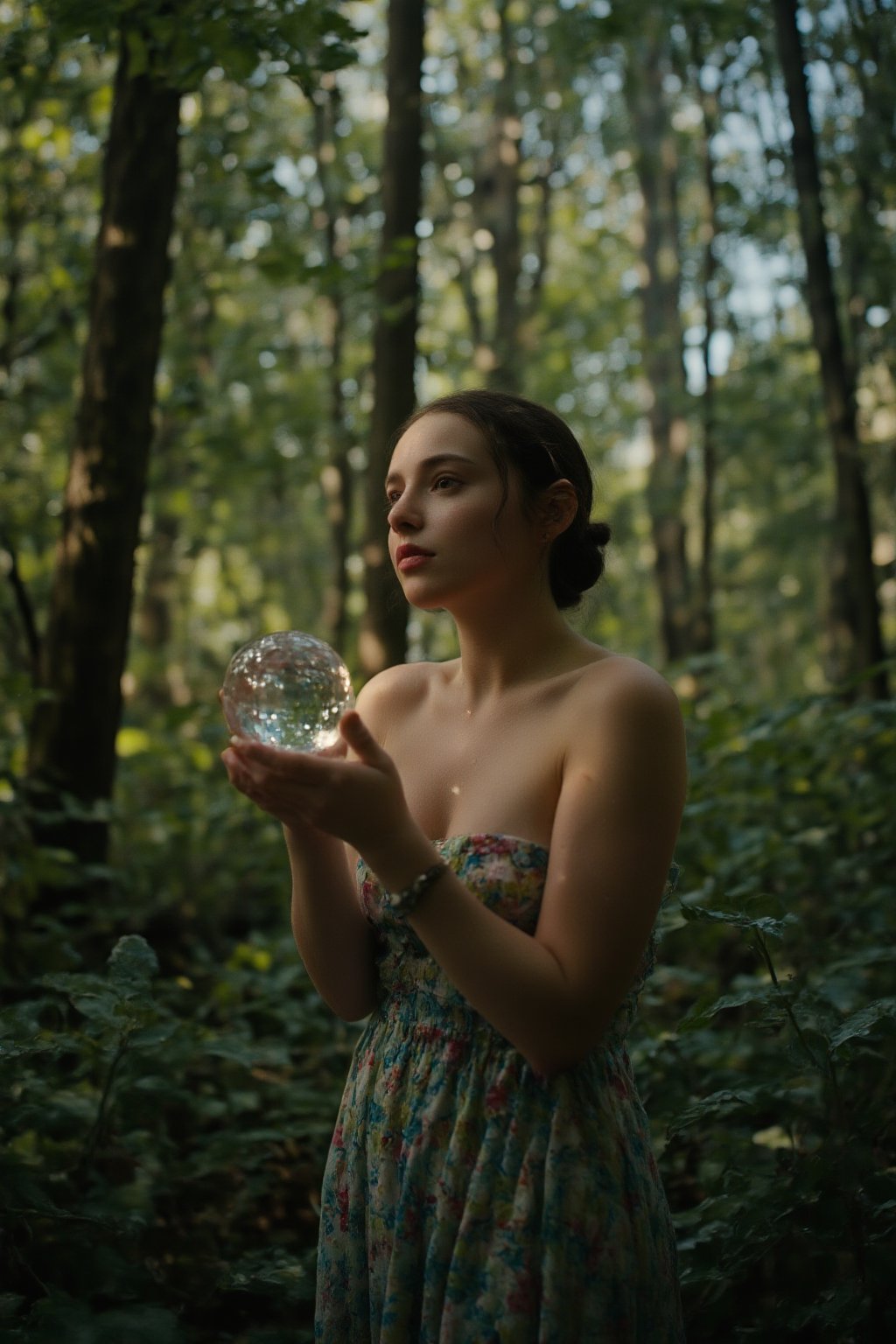 A serene and mystical scene unfolds: a crystal-wielding woman stands amidst a lush forest, her slender fingers grasping a glittering crystal orb. Soft, filtered sunlight casts dappled shadows on the forest floor, highlighting her gentle pose as she gazes upward, the crystal's facets reflecting the hues of the surrounding foliage.,cinematic , film grain, Short telephoto focal length, shot on ALEXA 65