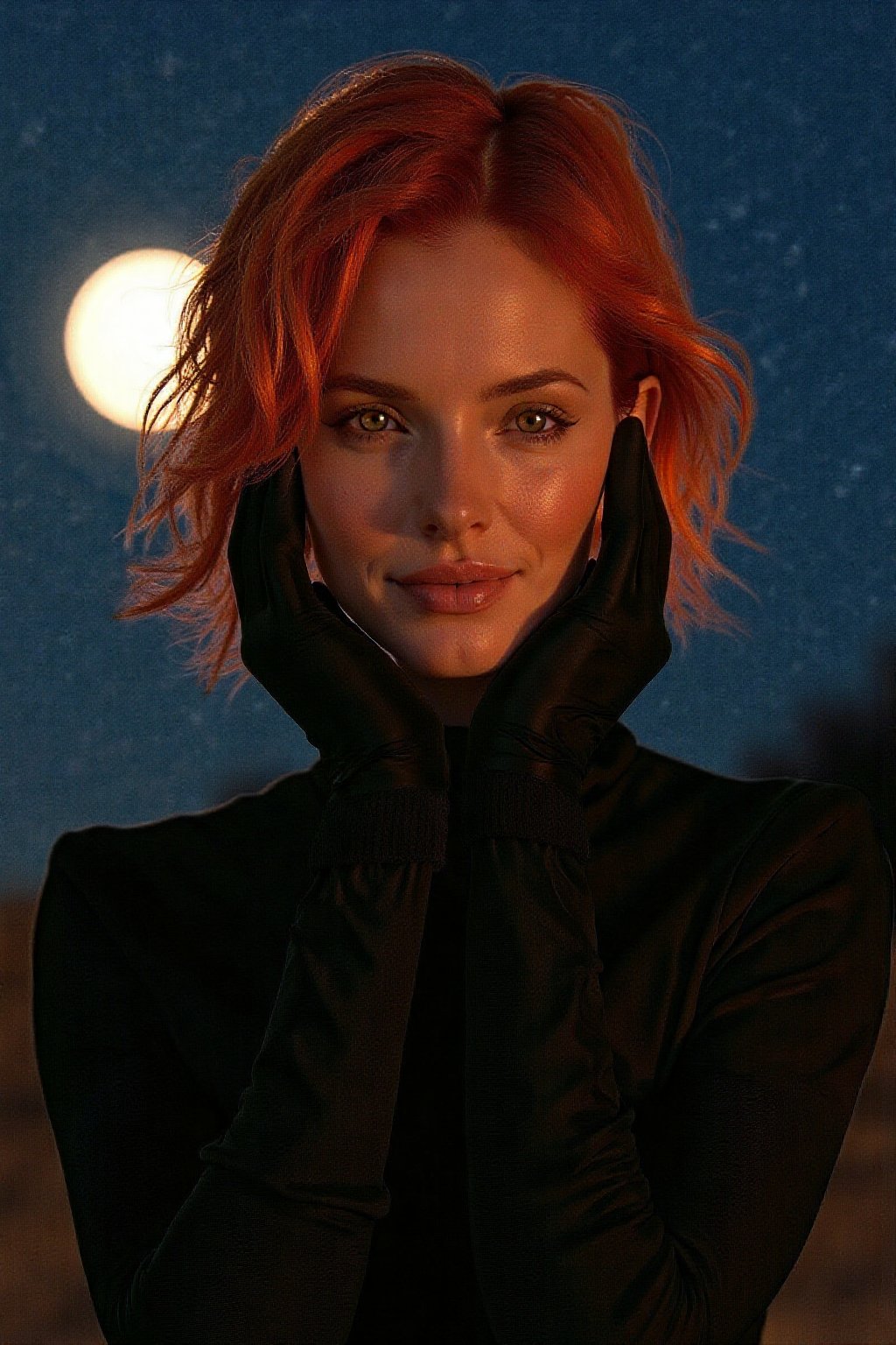 Generate hyper realistic image of a woman with luscious red locks stands outdoors at night, the moonlight casting a soft glow on her flawless complexion. Her short hair is tousled by the gentle breeze, and she wears tight black gloves that hug her slender arms. With confidence in her stance and a subtle smirk playing on her lips, she exudes an aura of mystery and allure, captivating the viewer's attention under the starry night sky.