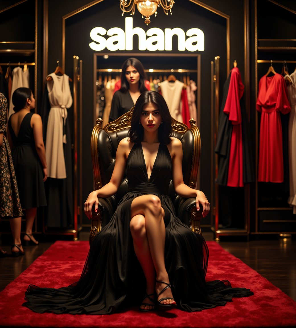 create me something beautiful, sexy, A beautiful woman, dressed in high fashion, sits on a throne in a luxurious boutique shop, surrounded by perfect cinematic lighting. Behind her, the shop's name "sahana" is displayed in oversized glowing letters, commanding attention. Girls in the background casually explore the dresses on display. The scene highlights both the elegance of the boutique and the glowing, bold shop name.,Enhanced all