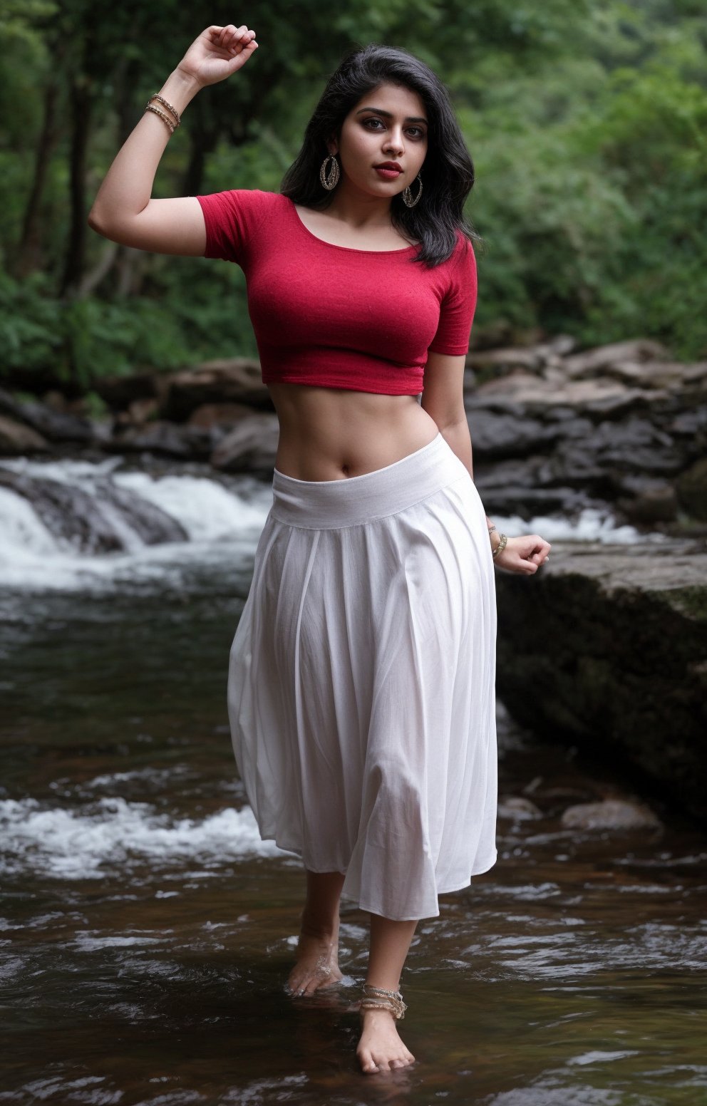 Beautiful curvy women, solo, long hair, skirt, shirt, black hair, jewelry, standing, full body, earrings, midriff, water, blurry, arms up, bracelet, tree, blouse, , blurry background, white skirt, red shirt, long skirt, rock, photo background, Indian traditional dress , 28yo, plumb , not slim, 