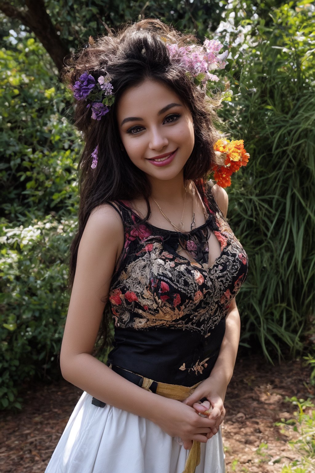 A stunning young woman in a traditional argentina national costume adorned with intricate embroidery and ornaments, beaming with a warm smile as she poses amidst the vibrant blooms of a botanical garden on a radiant sunny day. Her big eyes sparkle like diamonds against the soft, golden light, while the lush greenery and colorful flowers create a lush backdrop for her elegant beauty.,Big eyes ,Plump chubby