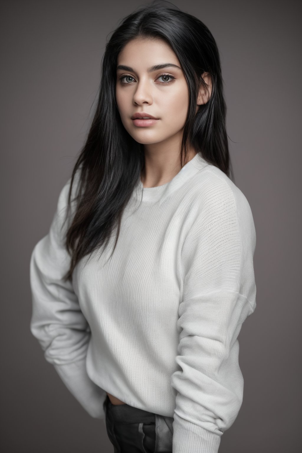 A serene portrait of a young girl with striking features. The shot is framed against a neutral background, allowing her to take center stage. Her long, raven-black hair cascades down her back in two delicate twin braids, which perfectly complement her piercing black eyes. A soft, cozy sweater adorns her torso, adding a touch of warmth to the overall mood. Her lips are painted with a subtle shade that adds a hint of sweetness to her enigmatic expression. The lighting is gentle and natural, casting a flattering glow on her porcelain skin.