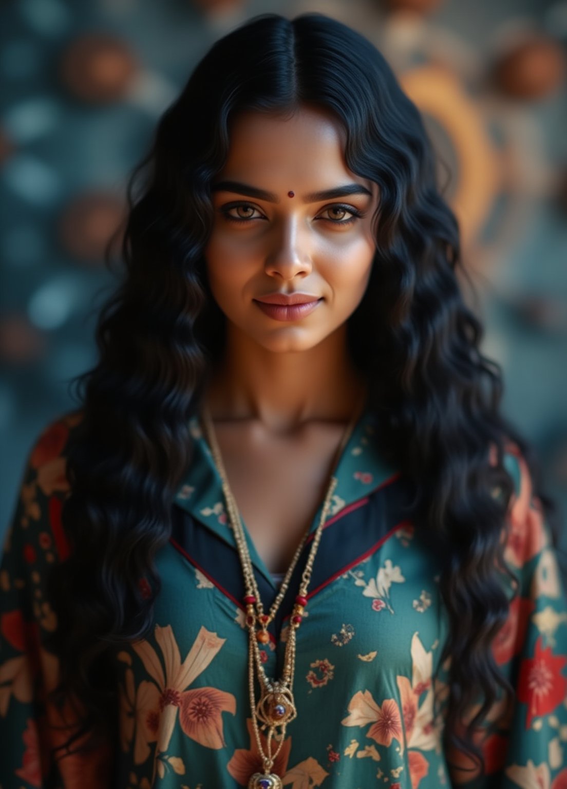 Capture a masterpiece of photography featuring a stunning girl with long, curly black hair (1.1) and intricate details in her school uniform, complete with a miniskirt and random colors. The scene is set in front of a striking fractal pattern (abstract) that creates a sense of depth and dimensionality. Professional HDR lighting (8k UHD RAW photo) casts a cinematic glow, accentuating the subject's features while also capturing the subtle play of iridescent lighting on her skin. Jewelry (1.4) adorns her neck, drawing attention to her radiant smile as she faces the viewer directly. The image is rendered in breathtaking detail, with every curl of hair and fold of fabric meticulously captured. Apply a realistic LUT for a true-to-life representation.,SH,Yakshi28 