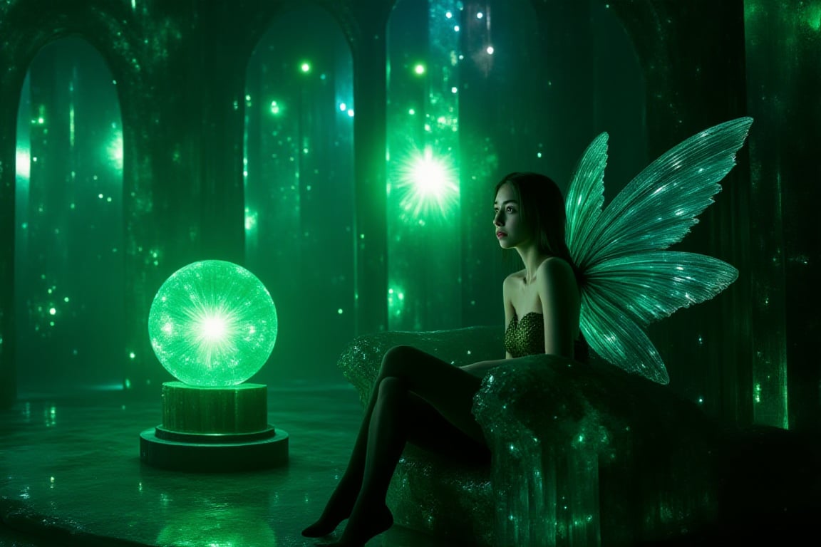 1girl, HKMagic, A beautiful fairy wearing black sheer pantyhose,  with glowing wings is sitting in crystalz throne in magic library as she looks at big green orb of magic and spells. She has detailed facial features and there is a glowing green light in the background with cinematic lighting, fairycore, hkmagic, masterpiece, best quality, highly detailed, sharp focus, dynamic lighting, no shoes, black pantyhose, full body shot,Details,Skin texture 