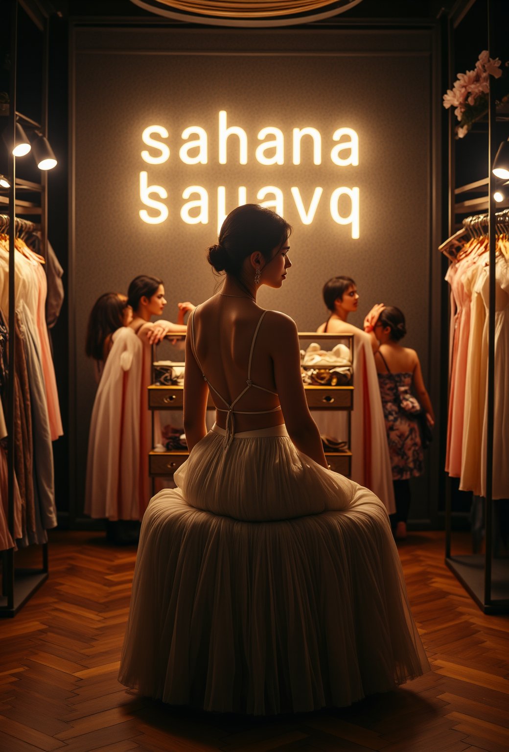 create me something beautiful, sexy, A beautiful woman, dressed in high fashion, sits on a throne in a luxurious boutique shop, surrounded by perfect cinematic lighting. Behind her, the shop's name "sahana" is displayed in oversized glowing letters, commanding attention. Girls in the background casually explore the dresses on display. The scene highlights both the elegance of the boutique and the glowing, bold shop name.,Enhanced all