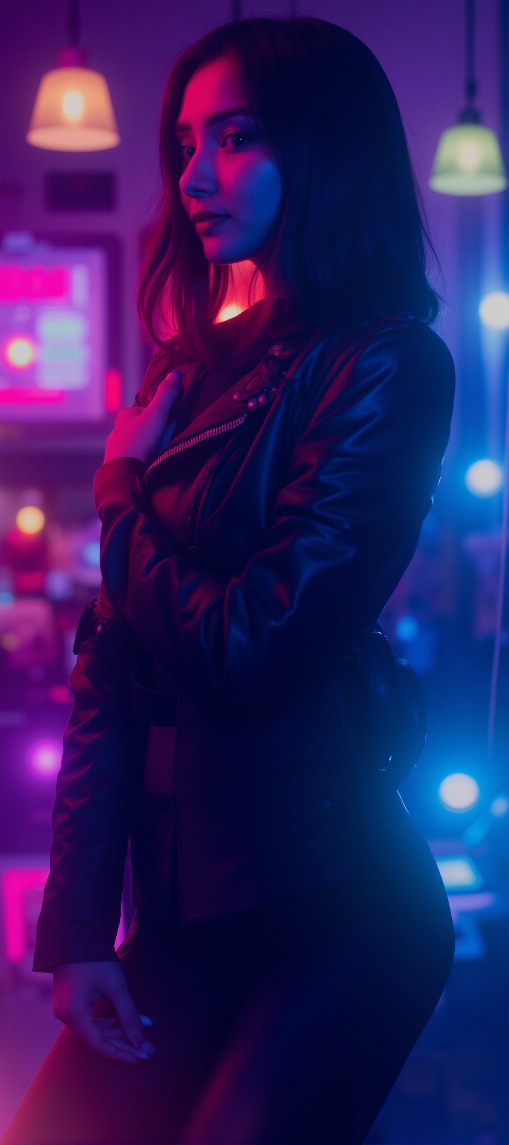 A cyberpunk women, realistic, details and enhanced image, beautiful,The atmosphere is fun and inviting, featuring colors like black, blue, dark blue, dark purple, gray, light green, purple, and orange. Neon lights in pink, blue, and green illuminate the space, creating a bokeh and Depth of Fieldeffect. The focus is on the girl from the torso to the head, captured in a cinematic style with a Sony A7R IV full-frame ceramic camera 