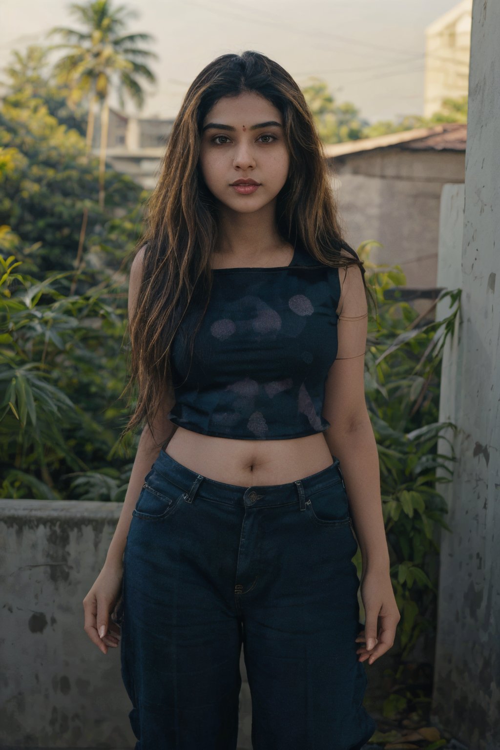 1girl, Kerala beautiful women 18 years old, solo, long hair, brown hair, shirt, t  shaped navel, outdoors, pants, sandals, denim, jeans,  photo background,Tamil girl