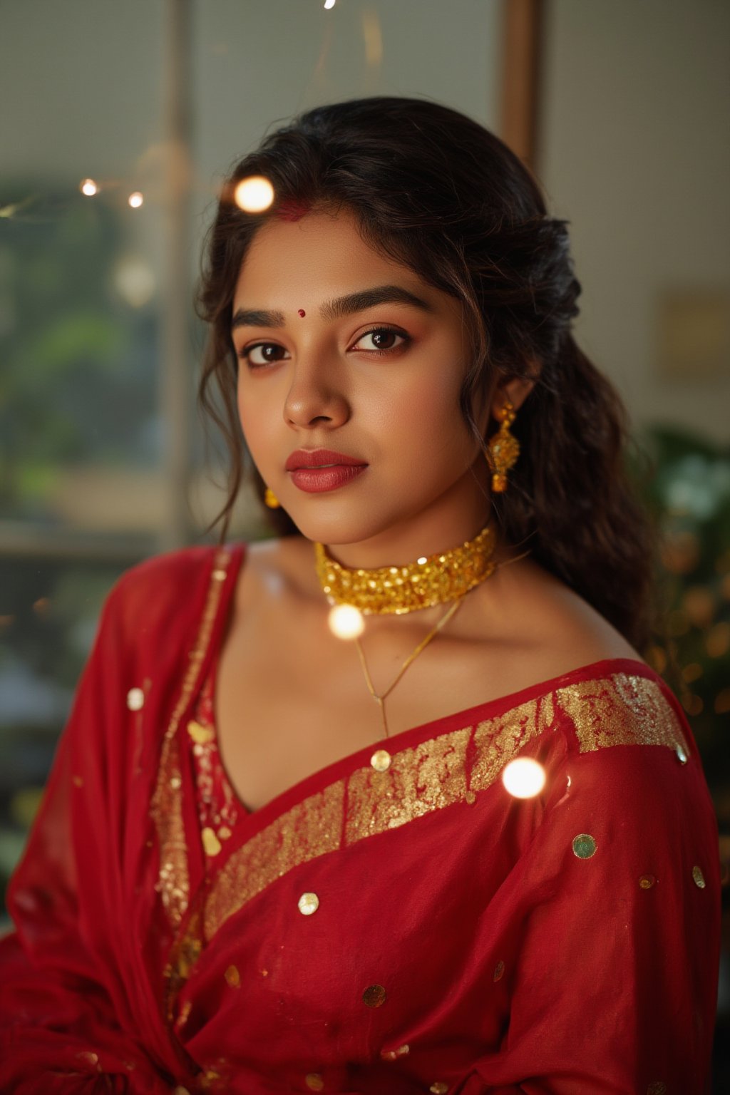 Raw photo of (18yo Kerala Beautiful young woman:1.1, (best quality, highres, ultra-detailed:1.2), This breathtaking photograph, shot on a Canon 1DX with a 50 mm f/2.8 lens, beautifully showcases the raw and authentic beauty of life. high resolution 8k image quality, vibrant colors, glowing dimond, glowing eyes, realistic Raw photo, realistic lighting, traditional Red saree,  exotic beauty, mesmerizing eyes, girl ,Thrissur,Mallu,Saree