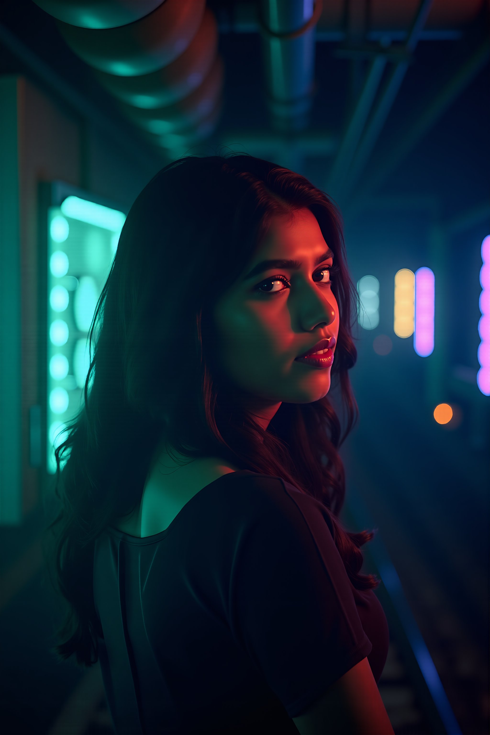 A beautiful mallu women, teal and orange colour lighting in background, futuristic subway, pipeline , wires, light indicators, intricate background, realism,realistic,raw,analog,portrait,photorealistic, taken by Canon EOS,SIGMA Art Lens 35mm F1.4,ISO 200 Shutter Speed 2000,Vivid picture,Mallu beauty, The atmosphere is fun and inviting, featuring colors like black, blue, dark blue, dark purple, gray, light green, purple, and orange. Neon lights in pink, blue, and green illuminate the space, creating a bokeh and Depth of Fieldeffect. The focus is on the girl from the torso to the head, captured in a cinematic style with a Sony A7R IV full-frame camera,Mallu beauty,futuristicportrait,Mallu beauty 