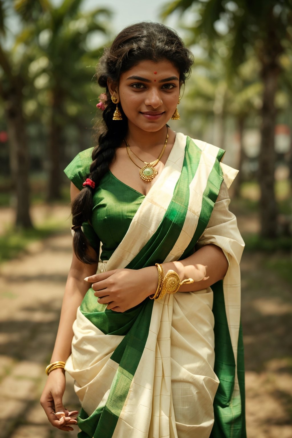 1girl, solo, long hair, smile, black hair, hair ornament, dress, jewelry, standing, braid, earrings, outdoors, day, necklace, cosplay, single braid, blurry background, realistic, green  blouse, white saree, photo background,Reshmi nair ,photorealistic