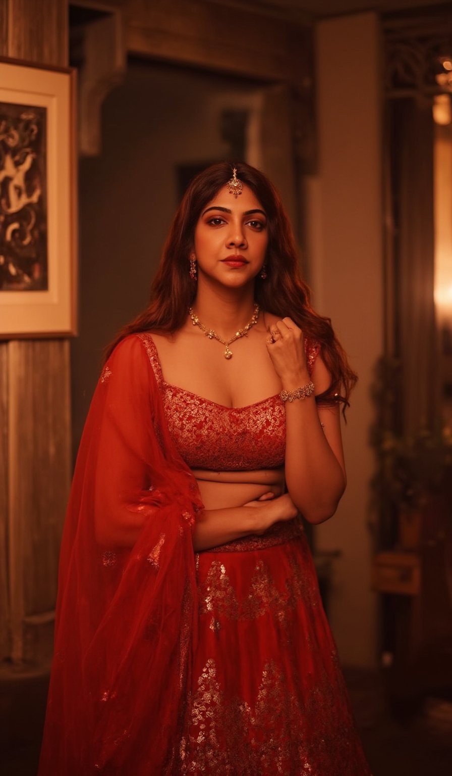 A stunning Madona Sebastian, dressed in a rich red lehenga with intricate embroidery, paired with heavy gold jewelry and a statement bindi on her forehead. Her long hair falls elegantly down her back as she strikes a confident pose, one hand resting on her hip and the other holding a delicate gold earring. The soft lighting highlights her natural complexion, while her eyes are enhanced by smoky eyeliner and volumizing mascara. She stands against a luxurious Bollywood-style backdrop, with subtle neon accents to emphasize her glamorous attire.