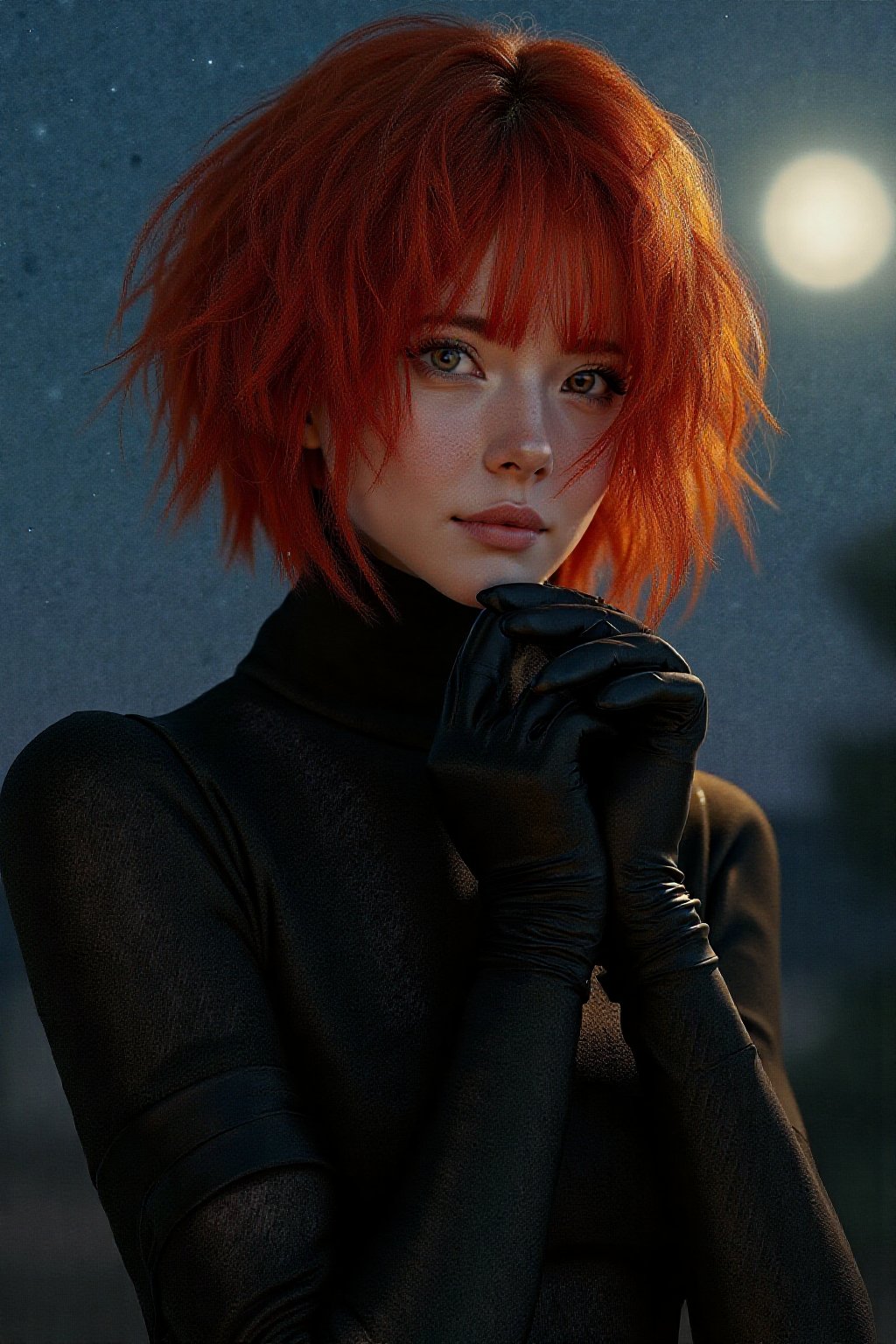 Generate hyper realistic image of a woman with luscious red locks stands outdoors at night, the moonlight casting a soft glow on her flawless complexion. Her short hair is tousled by the gentle breeze, and she wears tight black gloves that hug her slender arms. With confidence in her stance and a subtle smirk playing on her lips, she exudes an aura of mystery and allure, captivating the viewer's attention under the starry night sky.