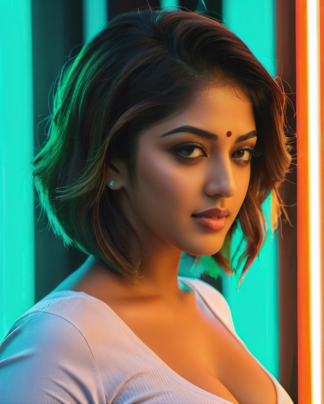 (Anu Emmanuel:1.1), breast_to_breast, ((big boobs,)) neon photography style, clavege ,  ( full size:1.5)LED  colour light, teal and orange colour grading, symmetrical face, female focus, one girl looking at viewer, , short hair,bob cut, solo, night time, outdoors, dark,depth_of_field,neon light, ,detailmaster2