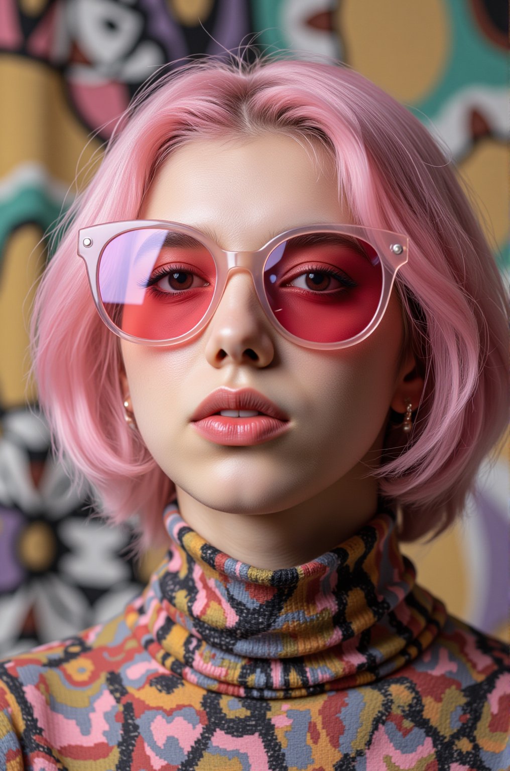 A vibrant, close-up portrait of a young woman with pink hair, wearing oversized, colorful sunglasses, and patterned turtleneck, abstract, textured background | pop art style, bold colors, detailed, highly stylized | photorealistic | studio lighting
,cinematic , film grain, Short telephoto focal length, shot on ALEXA 65