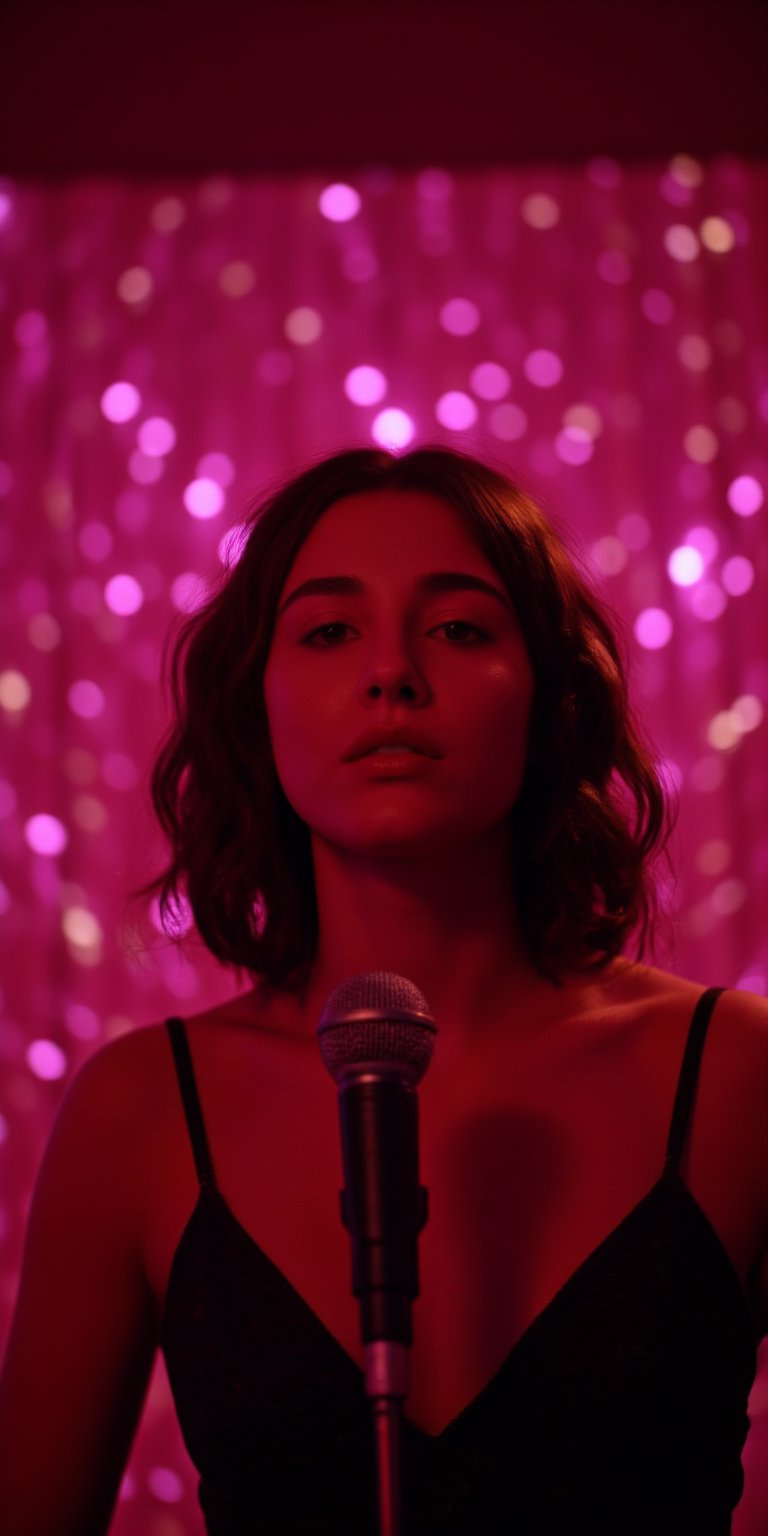 cinematic, A woman stands in front of a microphone under soft, warm lighting, with a reflective backdrop of pink lights behind her. Her expression is calm and introspective, creating a quiet and intimate atmosphere, as if she’s performing or about to speak, film grain, Short telephoto focal length, shot on ALEXA 65, calm and introspective, creating a quiet and intimate atmosphere, as if she’s performing or about to speak, film grain, Short telephoto focal length, shot on ALEXA 65