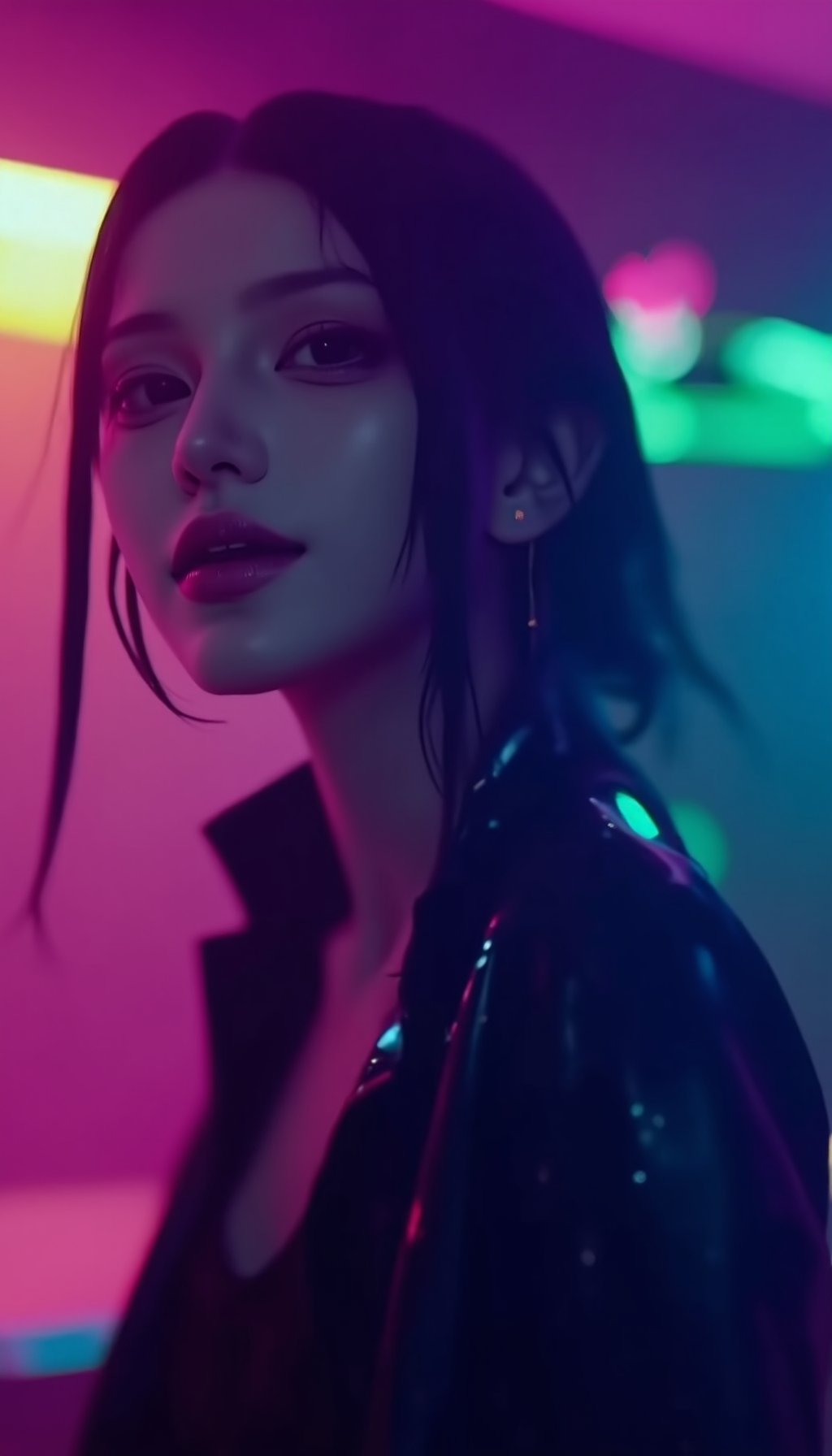 A cinematic action scene shot of a cyberpunk woman standing  surrounded by a dimly lit atmosphere with neon hues. Black, dark blue, and gray tones dominate the scene, punctuated by pops of light green, purple, and orange. Her skin glistens with subtle detail and enhancement. The Sony A7R IV camera captures the scene in cinematic style, emphasizing depth and bokeh effects from the pink, blue, and green neon lights.