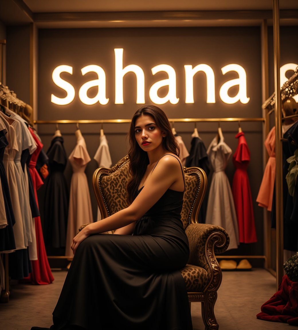 create me something beautiful, sexy, A beautiful woman, dressed in high fashion, sits on a throne in a luxurious boutique shop, surrounded by perfect cinematic lighting. Behind her, the shop's name "sahana" is displayed in oversized glowing letters, commanding attention. Girls in the background casually explore the dresses on display. The scene highlights both the elegance of the boutique and the glowing, bold shop name.,Enhanced all