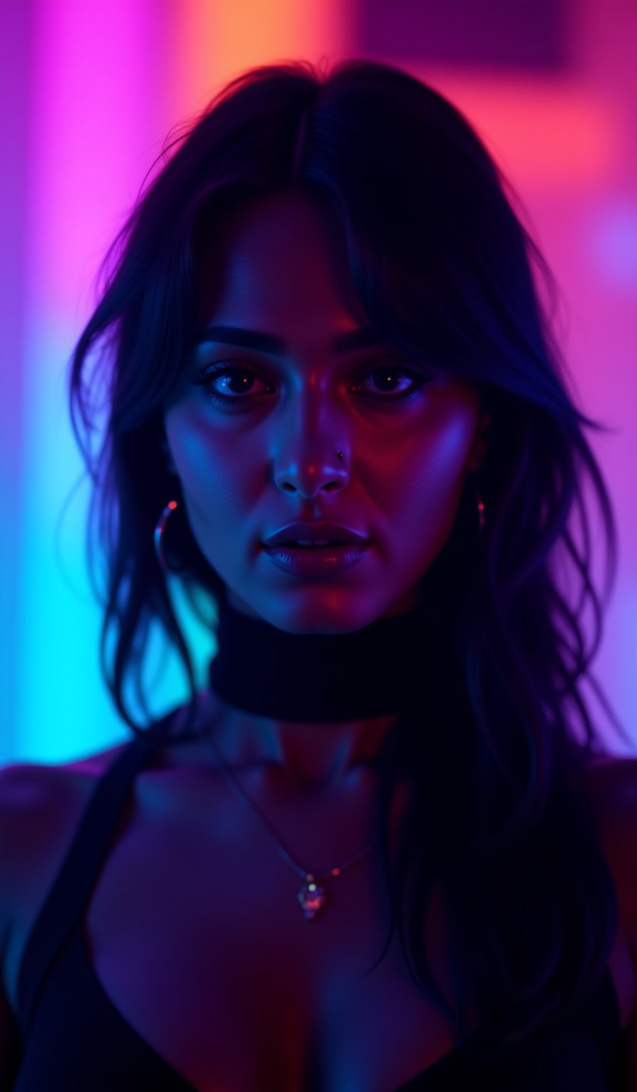 A cyberpunk women, realistic, details and enhanced image, beautiful,The atmosphere is fun and inviting, featuring colors like black, blue, dark blue, dark purple, gray, light green, purple, and orange. Neon lights in pink, blue, and green illuminate the space, creating a bokeh and Depth of Fieldeffect. The focus is on the girl from the torso to the head, captured in a cinematic style with a Sony A7R IV full-frame camera,AnushkaShettyFlux