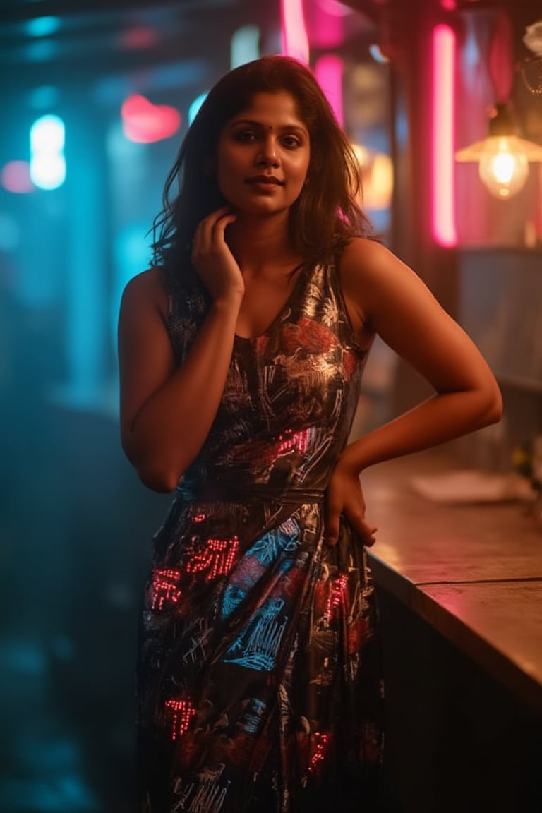 A woman posing confidently, radiant in a metallic dress with digital patterns and neon accents, against a blurred backdrop of vintage circuitry and neon lights. Soft, warm lighting highlights her features,  reflecting a digital glow. Her stylish gaze is set off by the retro-futuristic atmosphere, as if stepping out of a 1980s time capsule.,NeemoFairy,Liminal Space,Ambience Steampunk,Mallu beauty 