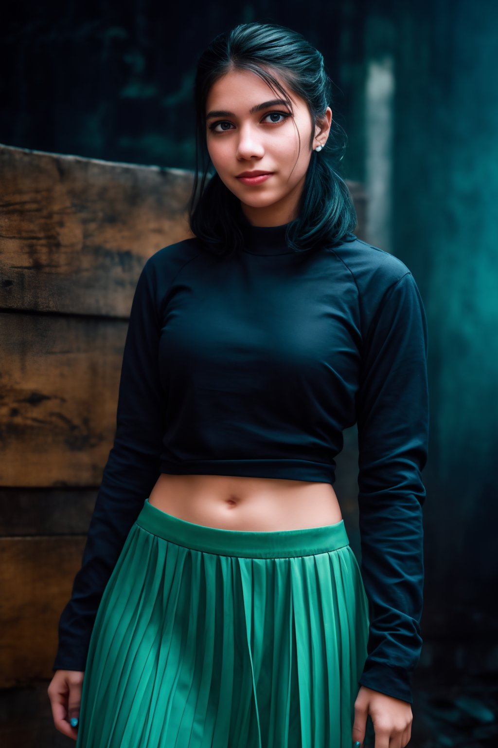 A teenage girl stands still against a rustic wooden wall with a pale blue sky in the background. She is wearing a blue long-sleeved shirt and a red skirt, accessorized with a ring on her finger and earrings in her ears. Her sleek, ponytailed hair is neatly styled, and her neutral expression carries a hint of a subtle smile. The image features cinematic color grading with Matrix movie color tones, enhanced with Tron Legacy movie style. The scene has a neon atmosphere, with a futuristic gadget in view, creating the look of a game character.
