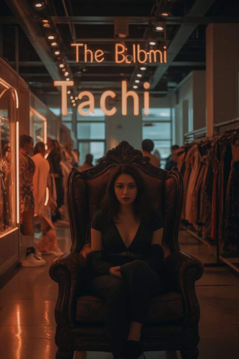 create me something beautiful, sexy, A beautiful woman, dressed in high fashion, sits on a throne in a luxurious boutique shop, surrounded by perfect cinematic lighting. Behind her, the shop's name "Tachi" is displayed in oversized glowing letters, commanding attention. Girls in the background casually explore the dresses on display. The scene highlights both the elegance of the boutique and the glowing, bold shop name.
