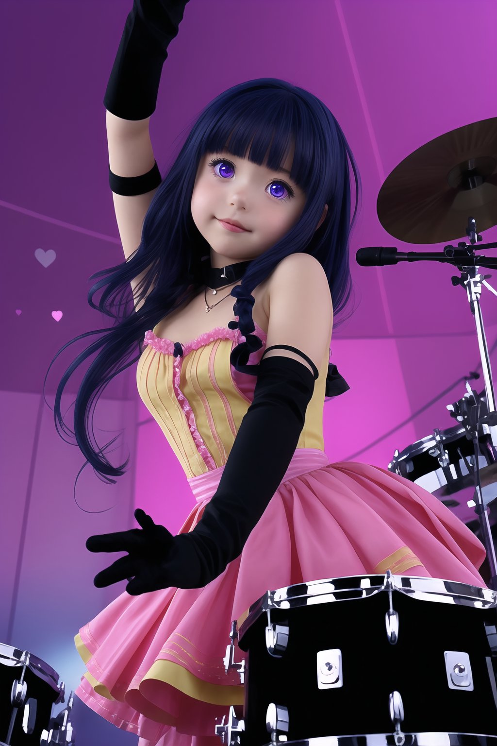 Realistic, human, Captured from a high-angle perspective, a girl with long dark blue hair, wearing a pink and yellow dress, adorned with a black belt. The arms are raised in the air, adding a touch of balance to the scene. The background is a vibrant purple hue, with white dots dotting the ceiling. To the right of the girl,a drum set is visible. 1girl, solo, long hair, looking at viewer, smile, bangs, hair ornament, thighhighs, gloves, dress, blue hair, purple eyes, heart, frills, tongue, hairclip, tongue out, pink dress, idol, pink thighhighs, pink gloves, maizono sayaka