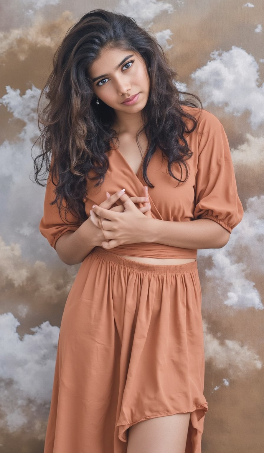 Canvas painting, oil painting, realistic painting, full color, perfect artistic composition, perfect contrast, perfect brightness. Abstract surrealist masterpiece of a very beautiful woman with long light brown curly hair standing among dreamy clouds, reminiscent of the elegant, pure, and beautiful atmosphere in Francesca's works. The style is reminiscent of Veronese painting style.,Details,Skin texture,Sahana15 