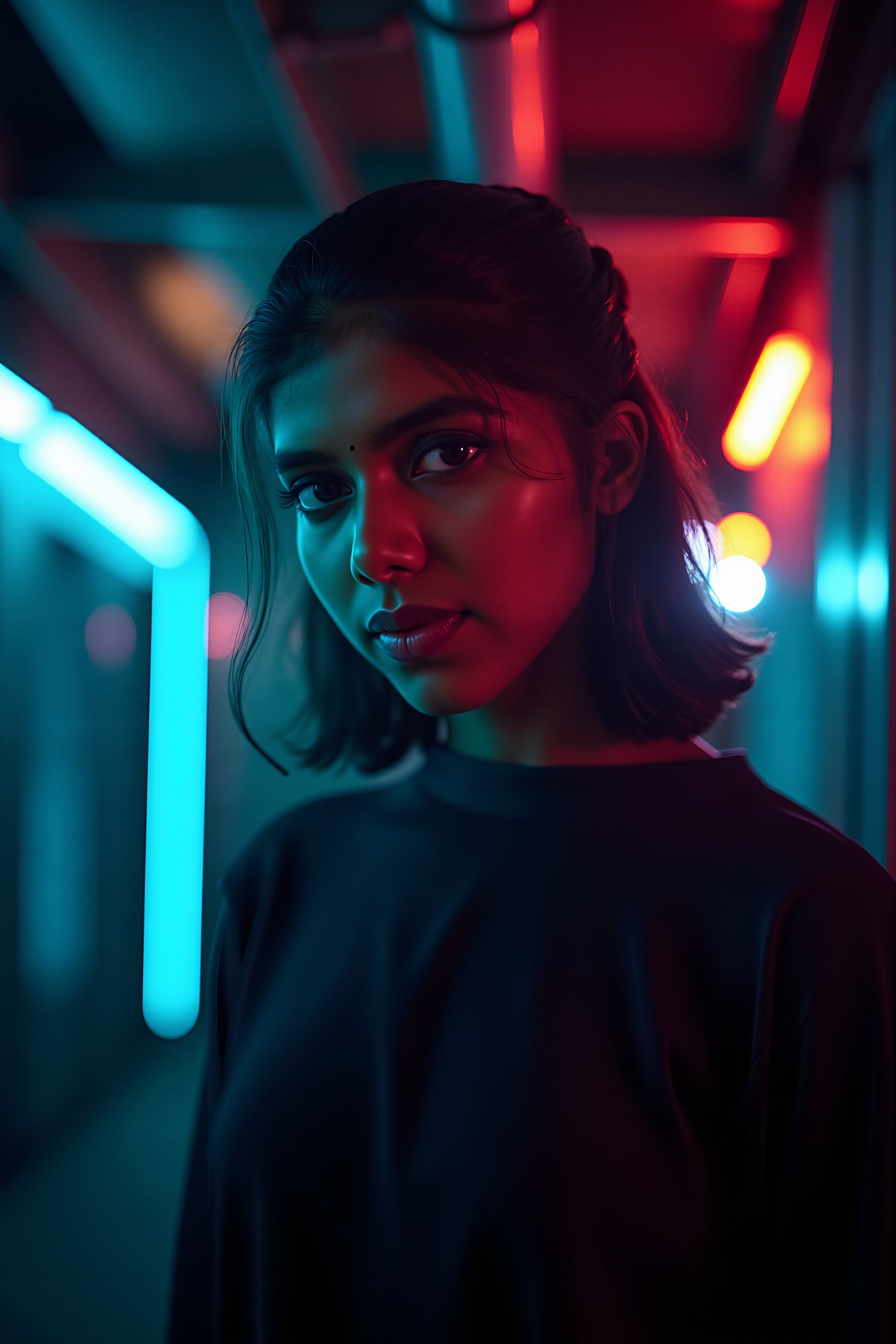 A beautiful mallu women, teal and orange colour lighting in background, futuristic subway, pipeline , wires, light indicators, intricate background, realism,realistic,raw,analog,portrait,photorealistic, taken by Canon EOS,SIGMA Art Lens 35mm F1.4,ISO 200 Shutter Speed 2000,Vivid picture,Mallu beauty, The atmosphere is fun and inviting, featuring colors like black, blue, dark blue, dark purple, gray, light green, purple, and orange. Neon lights in pink, blue, and green illuminate the space, creating a bokeh and Depth of Fieldeffect. The focus is on the girl from the torso to the head, captured in a cinematic style with a Sony A7R IV full-frame camera,Mallu beauty,futuristicportrait,Mallu beauty 