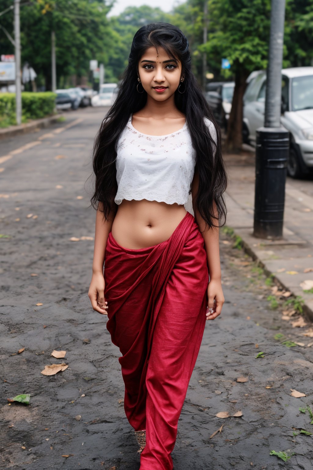 1girl, solo, long hair, black hair, twintails, jewelry, earrings, lips, realistic, navel, beautiful mallu girl, 18 years old girl, outside, beautiful girl walking on the street 