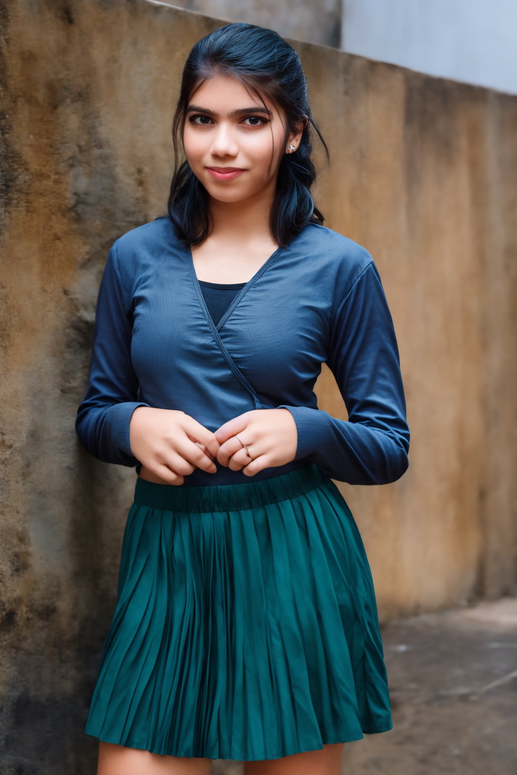 A 16-year-old girl stands still, posed against a rustic wooden wall with a pale blue sky as her backdrop. She wears a blue long-sleeved shirt and a red skirt, adorned with a ring on her finger and earrings in her ears. Her ponytailed hair is sleek and neat. The neutral expression on her face has a hint of a subtle smile.