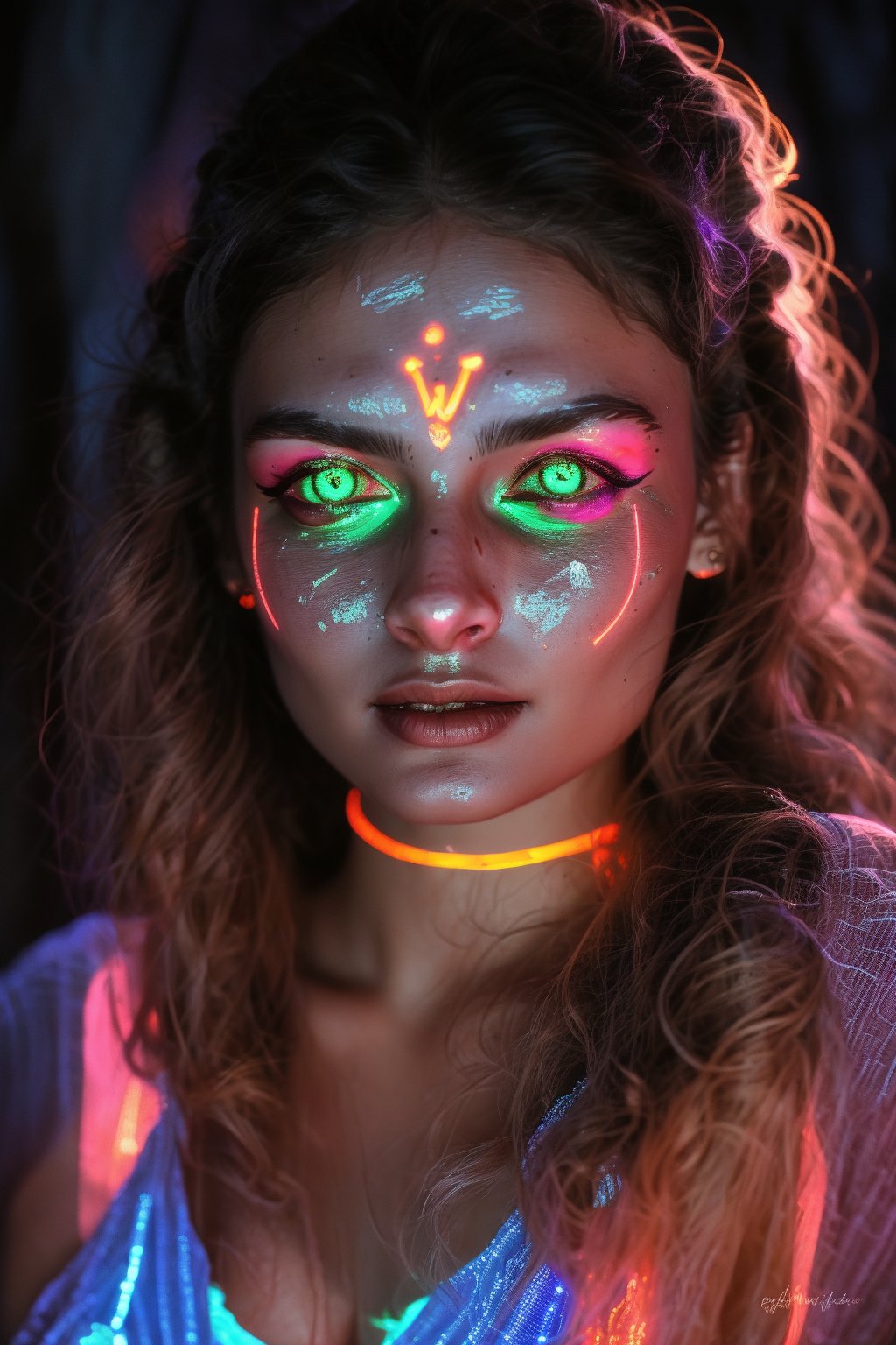 Portrait of a mystical fantasy bioluminescent neon woman. Glamorous fashionable lady. Glowing 
skin spot,  Glowing color,Glowing dots on face, neon lines on face, glowing multiple colour on eyeballs, 