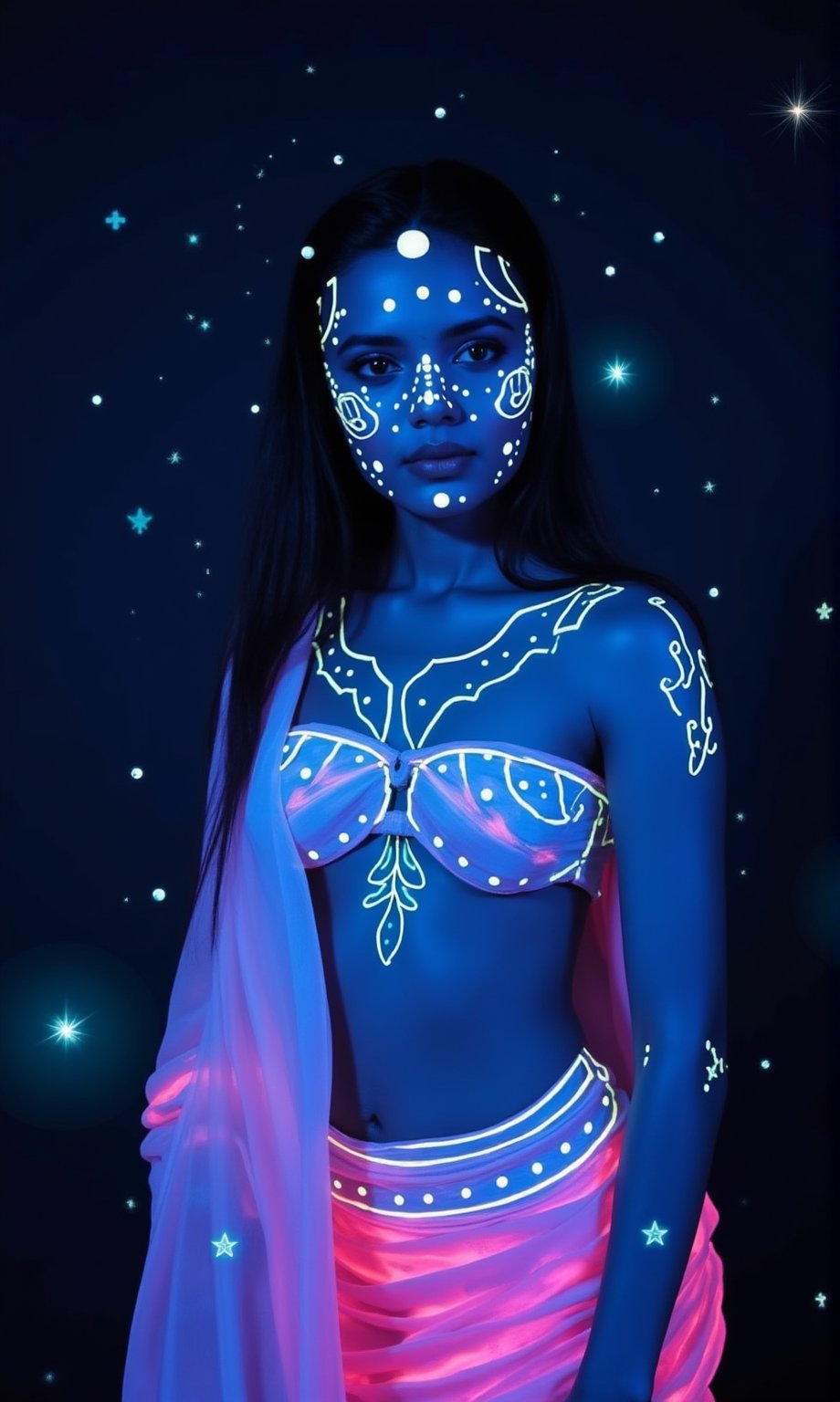 A mystical photo of an alien woman with a bioluminescent glow. Her midriff is exposed, revealing glowing skin with symmetrical neon lines that trace intricate patterns across her face and body. The skin emits a soft, otherworldly light, giving her a mesmerizing appearance. Her face is adorned with glowing dots, arranged in a symmetrical pattern that highlights her ethereal beauty.

She is wearing a neon saree that also glows with vibrant colors, blending seamlessly with the bioluminescent tones of her skin. Light particles float around her, adding to the mystical aura, while glowing spots and dots on her body create a radiant, enchanting effect. The close-up focus on her face emphasizes her luminous features, with every detail of the glowing patterns and lines captured in stunning detail.
