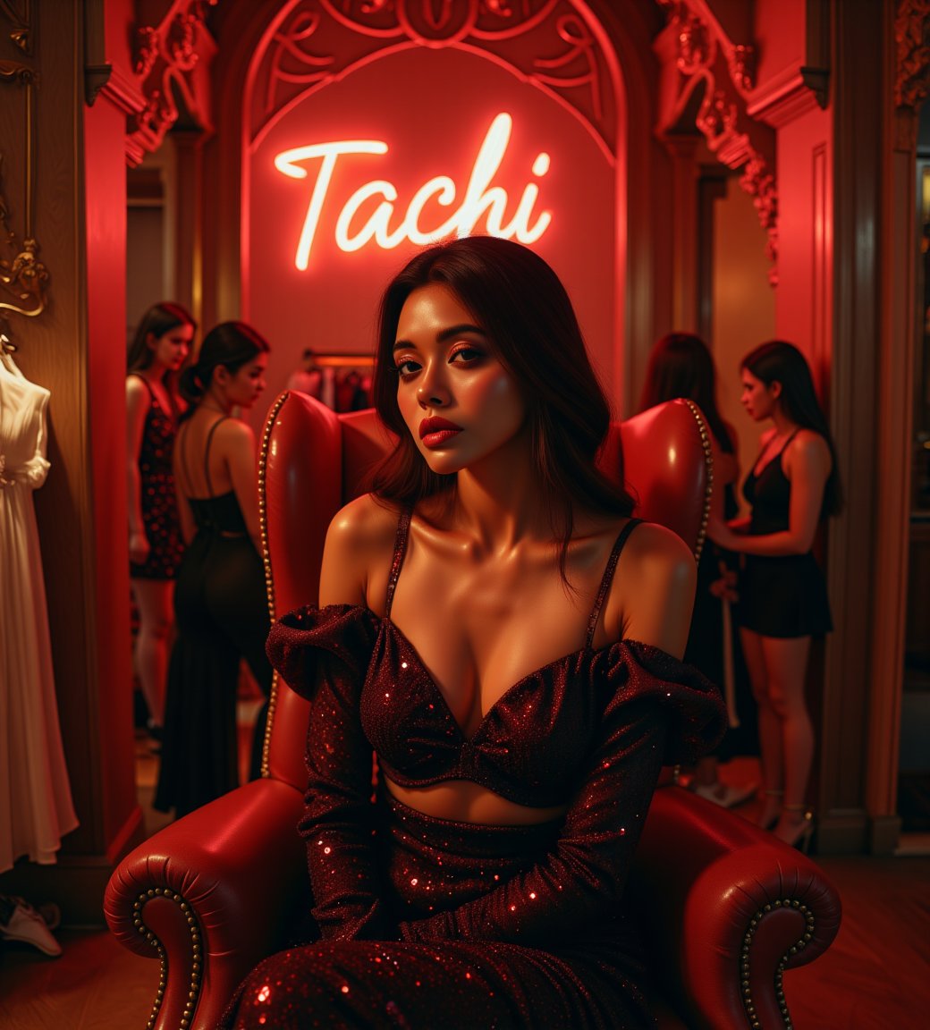 create me something beautiful, sexy, A beautiful woman, dressed in high fashion, sits on a throne in a luxurious boutique shop, surrounded by perfect cinematic lighting. Behind her, the shop's name "Tachi" is displayed in oversized glowing letters, commanding attention. Girls in the background casually explore the dresses on display. The scene highlights both the elegance of the boutique and the glowing, bold shop name.,Enhanced all